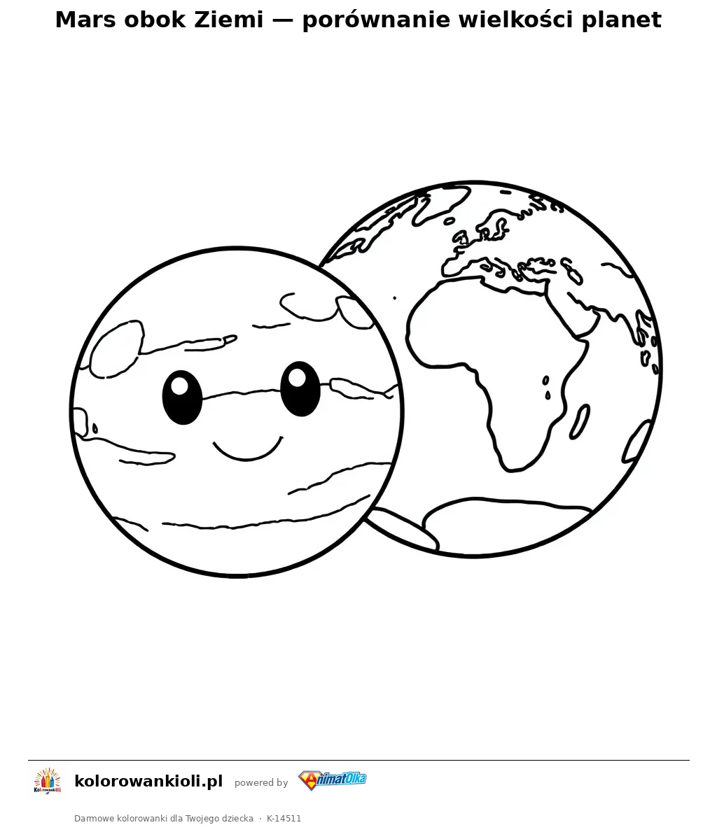 Mars obok Ziemi — porównanie wielkości planet — kolorowanka do wydruku dla dzieci