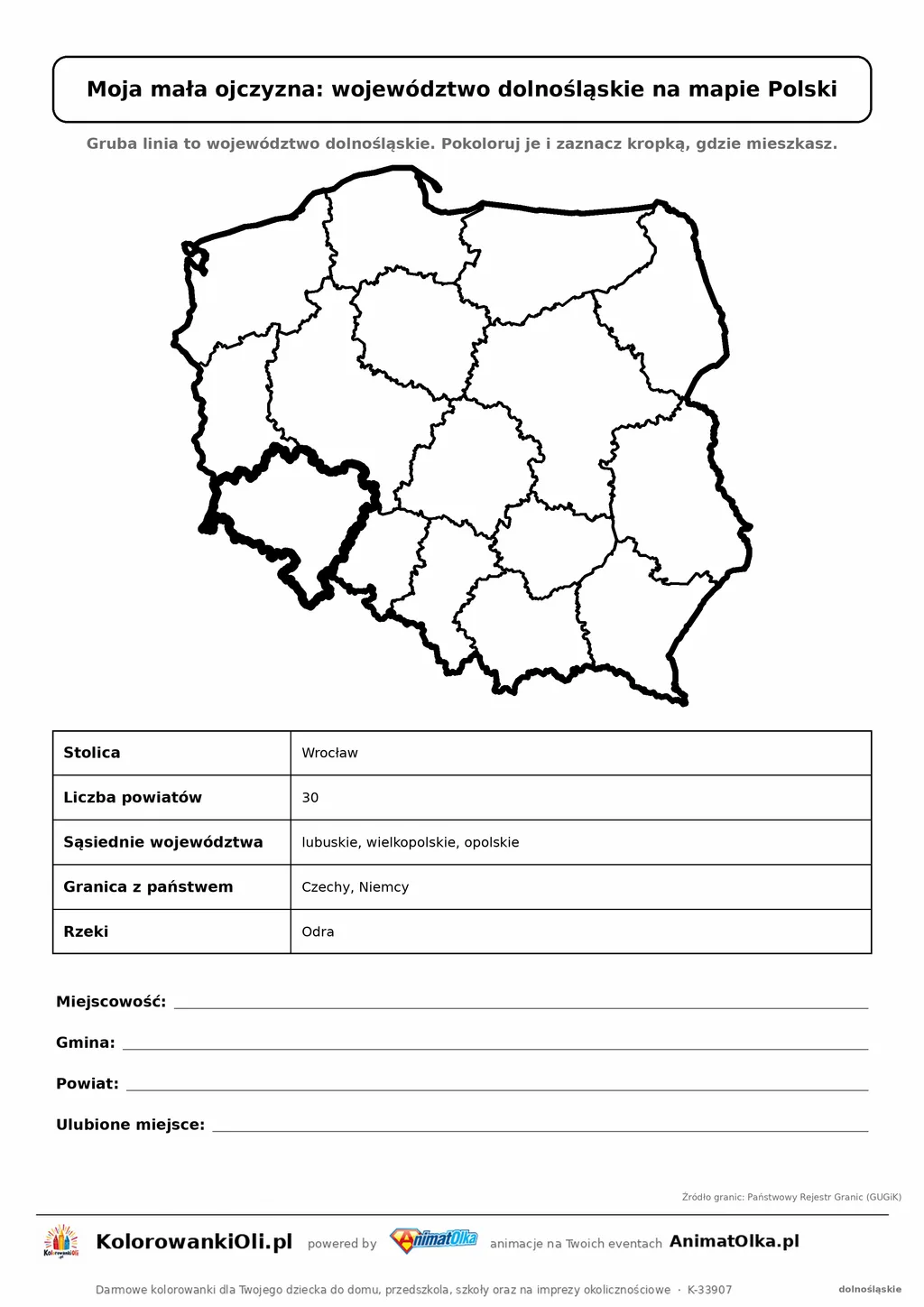 Województwo dolnośląskie wyróżnione na mapie Polski z kartą faktów — Moja mała ojczyzna, karta do druku