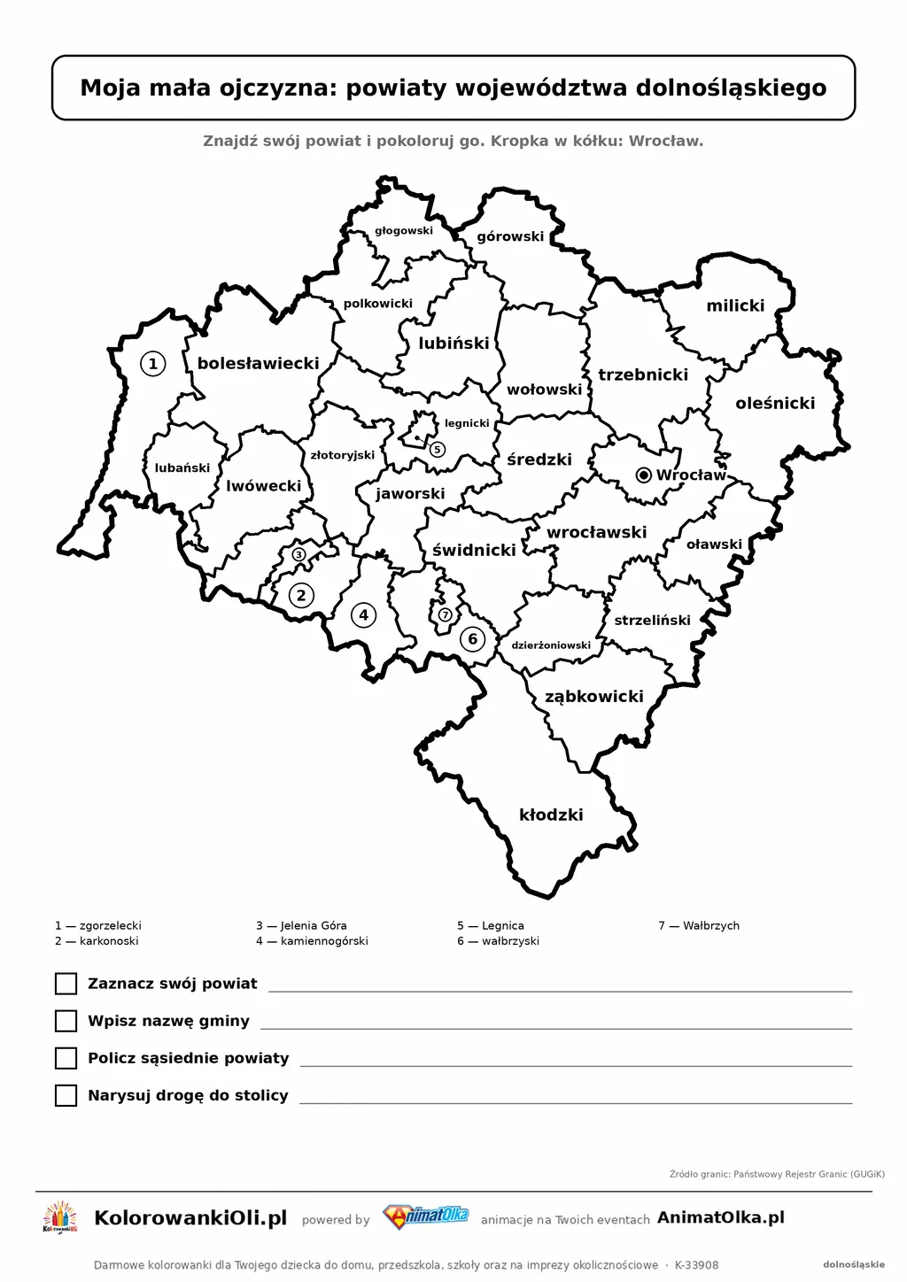 Powiaty województwa dolnośląskiego z zadaniami: znajdź swój powiat i gminę — karta do druku