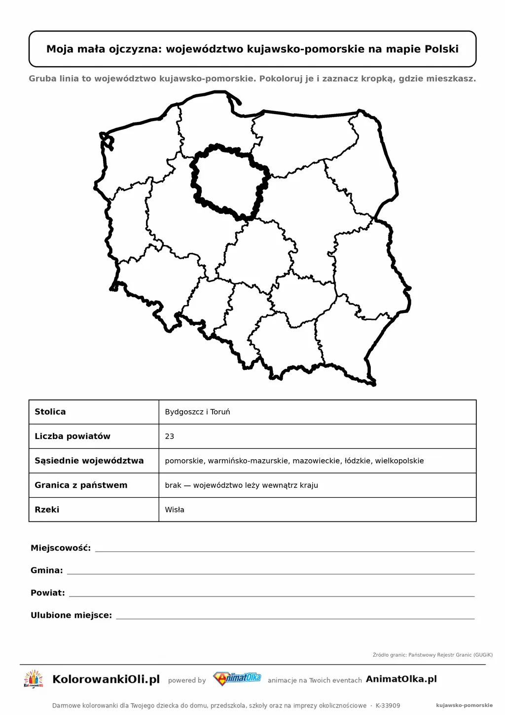 Województwo kujawsko-pomorskie wyróżnione na mapie Polski z kartą faktów — Moja mała ojczyzna, karta do druku
