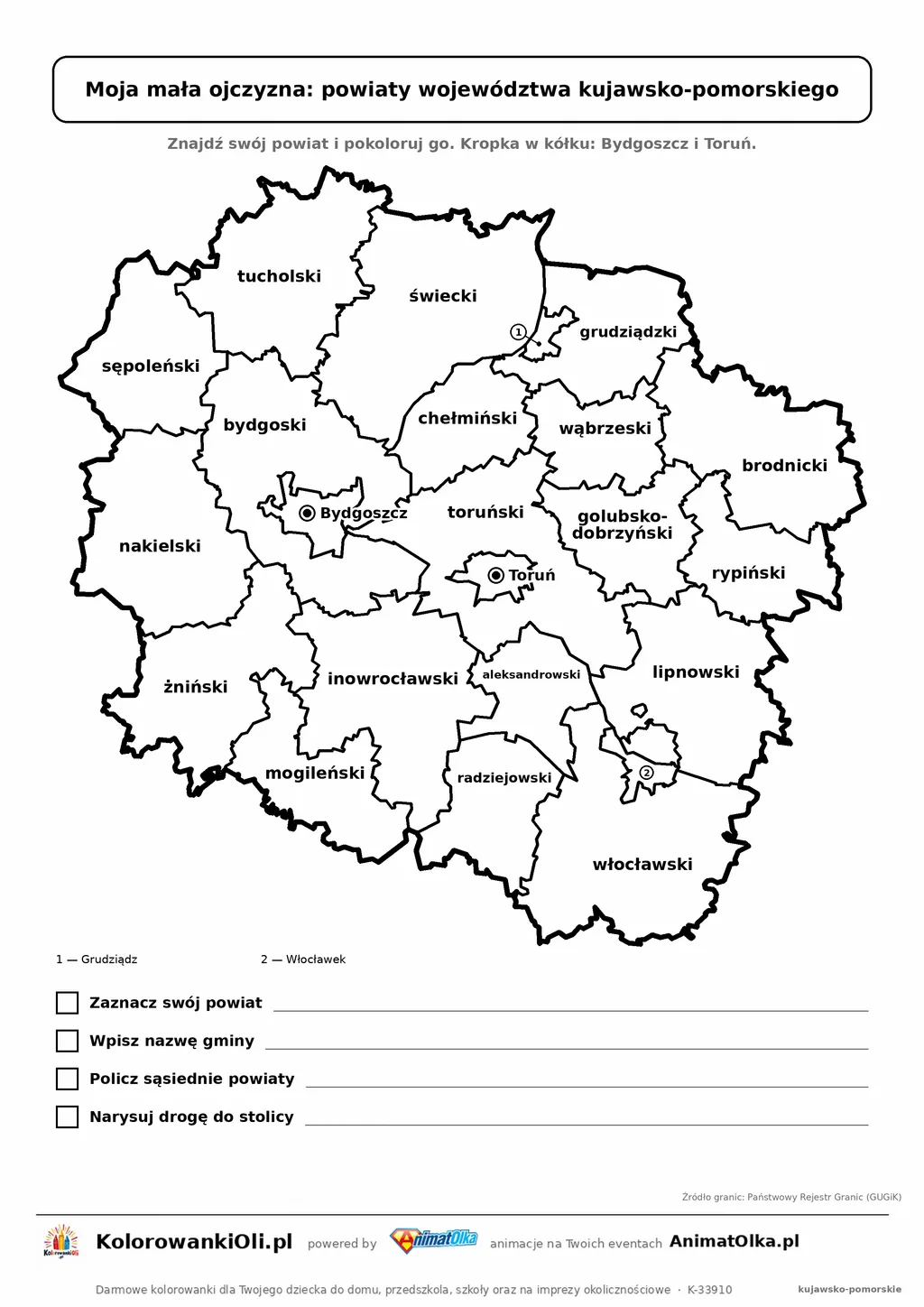 Powiaty województwa kujawsko-pomorskiego z zadaniami: znajdź swój powiat i gminę — karta do druku
