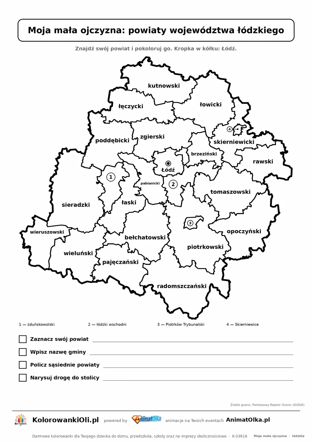 Powiaty województwa łódzkiego z zadaniami: znajdź swój powiat i gminę — karta do druku