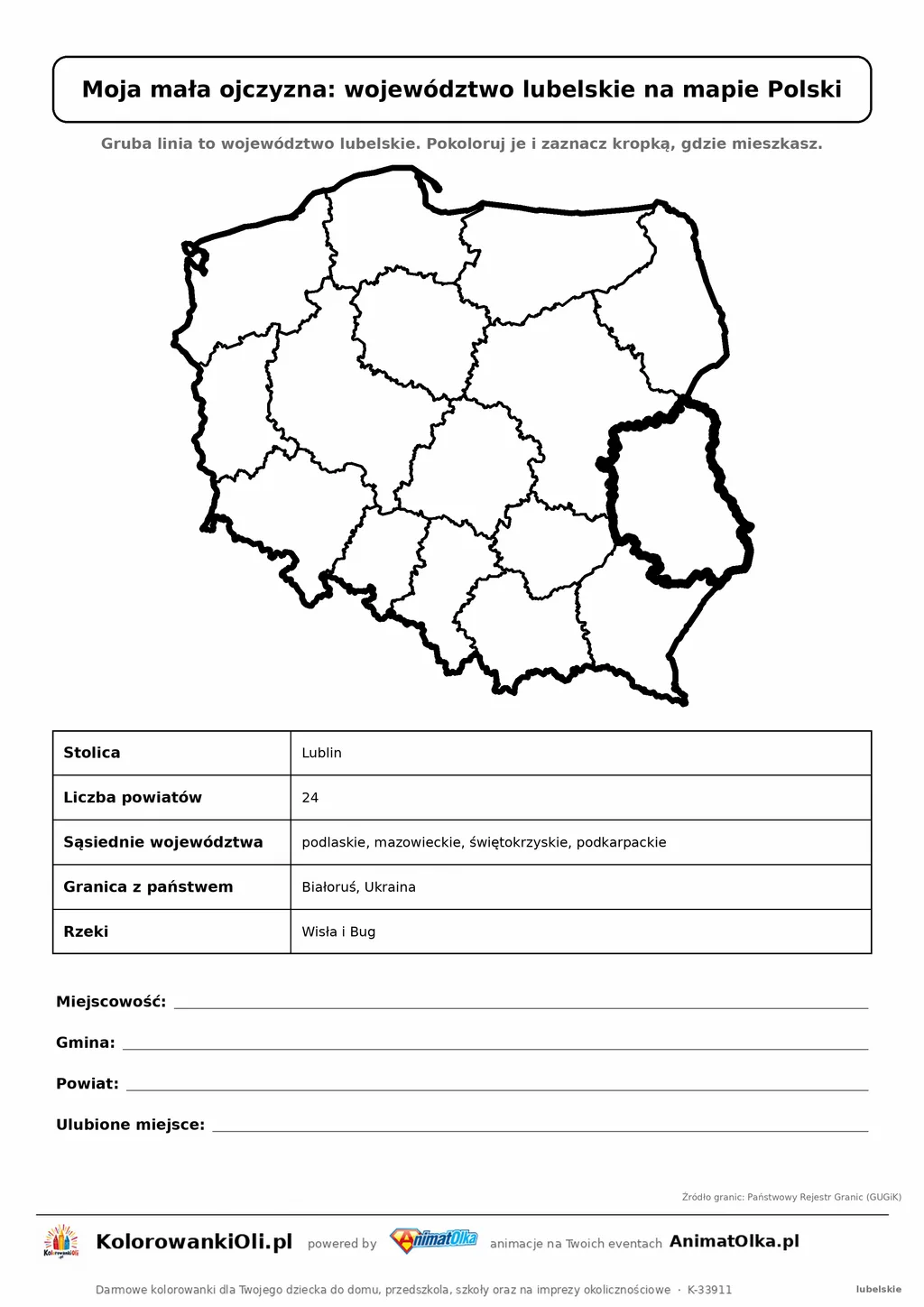 Województwo lubelskie wyróżnione na mapie Polski z kartą faktów — Moja mała ojczyzna, karta do druku