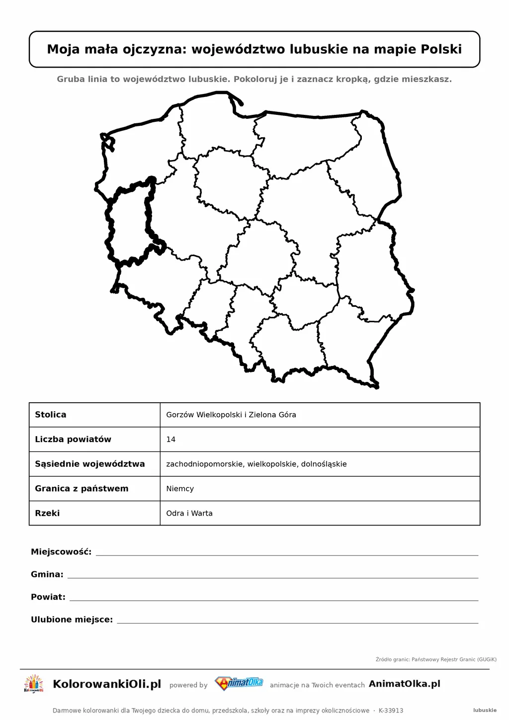 Województwo lubuskie wyróżnione na mapie Polski z kartą faktów — Moja mała ojczyzna, karta do druku