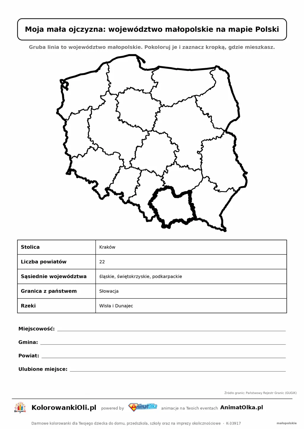 Województwo małopolskie wyróżnione na mapie Polski z kartą faktów — Moja mała ojczyzna, karta do druku