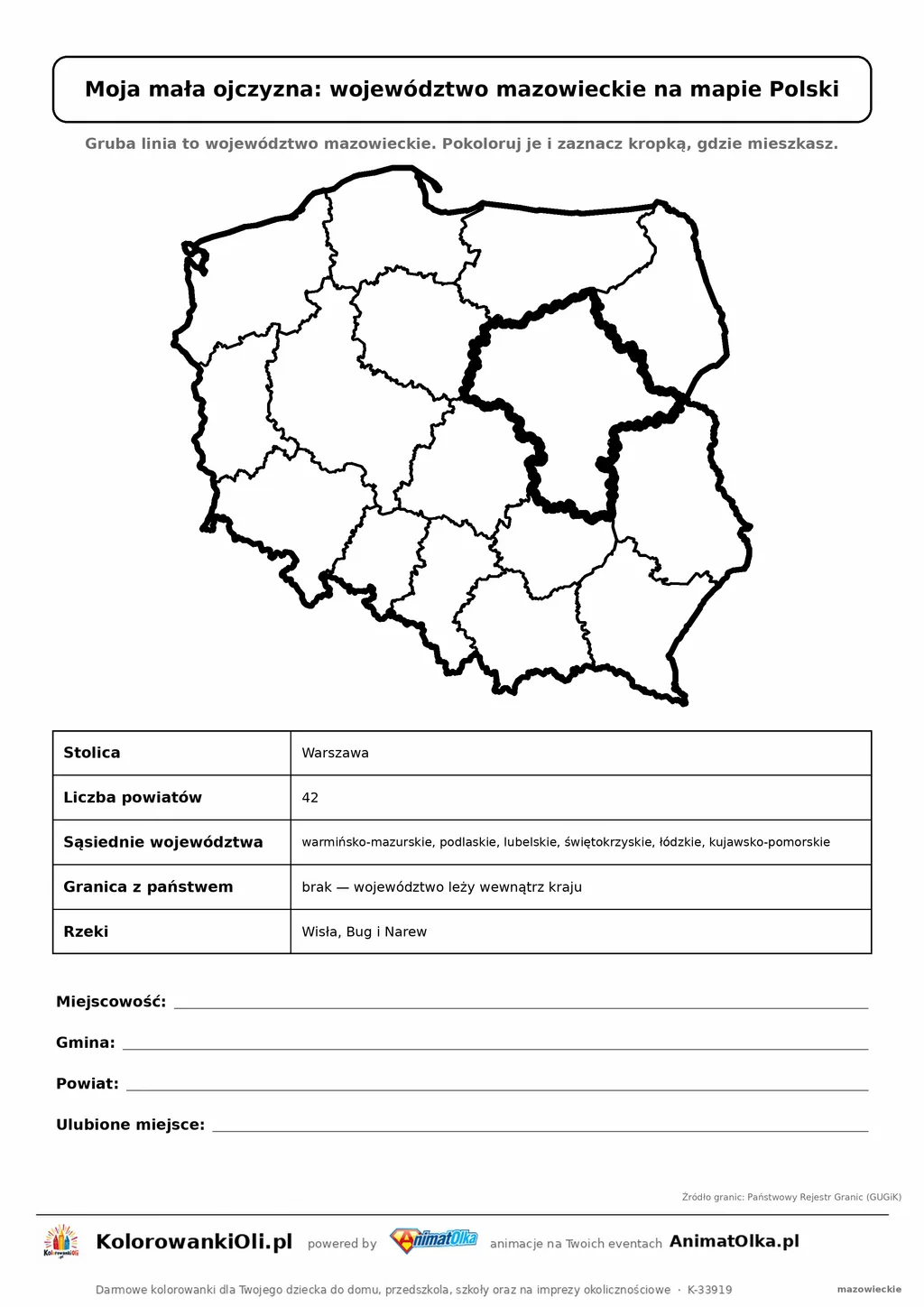 Województwo mazowieckie wyróżnione na mapie Polski z kartą faktów — Moja mała ojczyzna, karta do druku