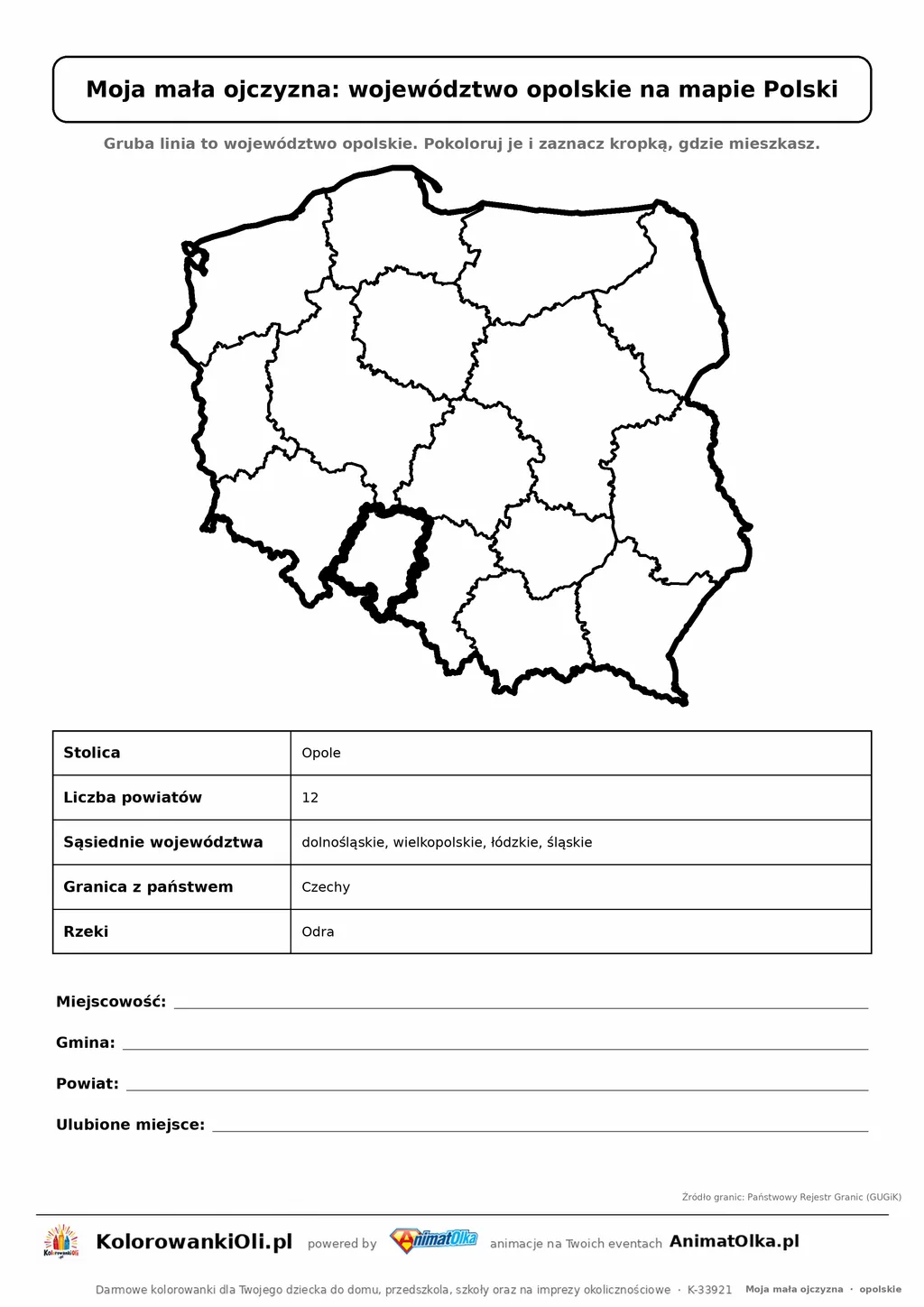 Województwo opolskie wyróżnione na mapie Polski z kartą faktów — Moja mała ojczyzna, karta do druku