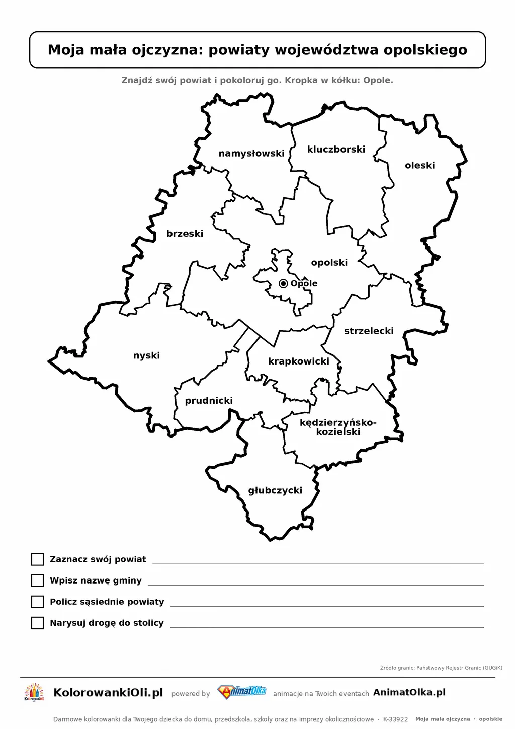 Powiaty województwa opolskiego z zadaniami: znajdź swój powiat i gminę — karta do druku