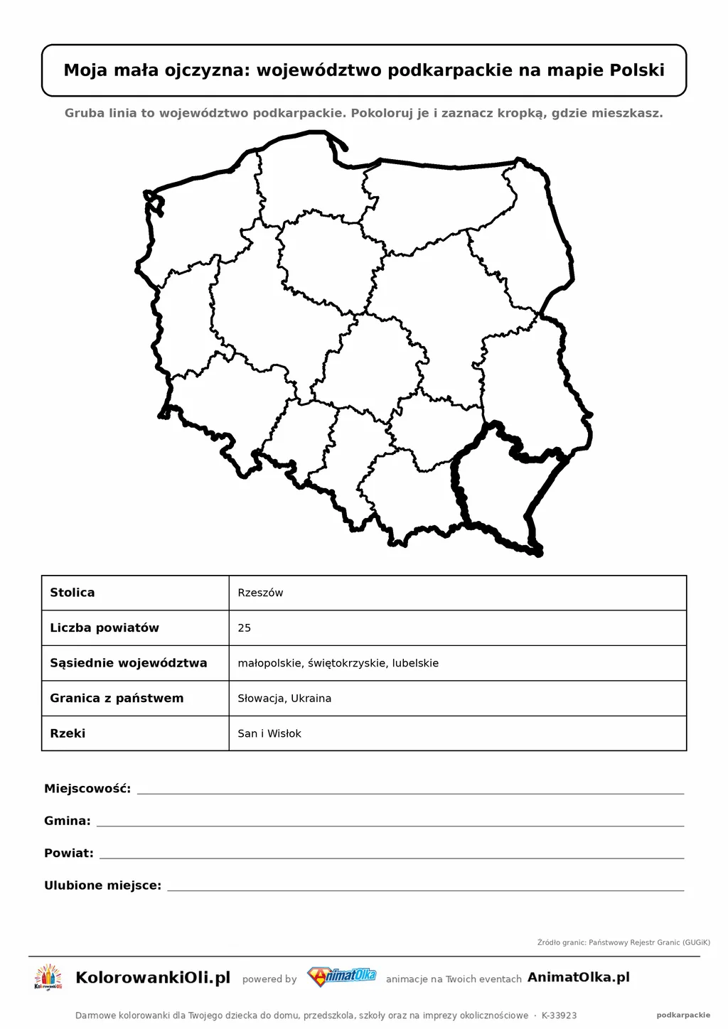 Województwo podkarpackie wyróżnione na mapie Polski z kartą faktów — Moja mała ojczyzna, karta do druku
