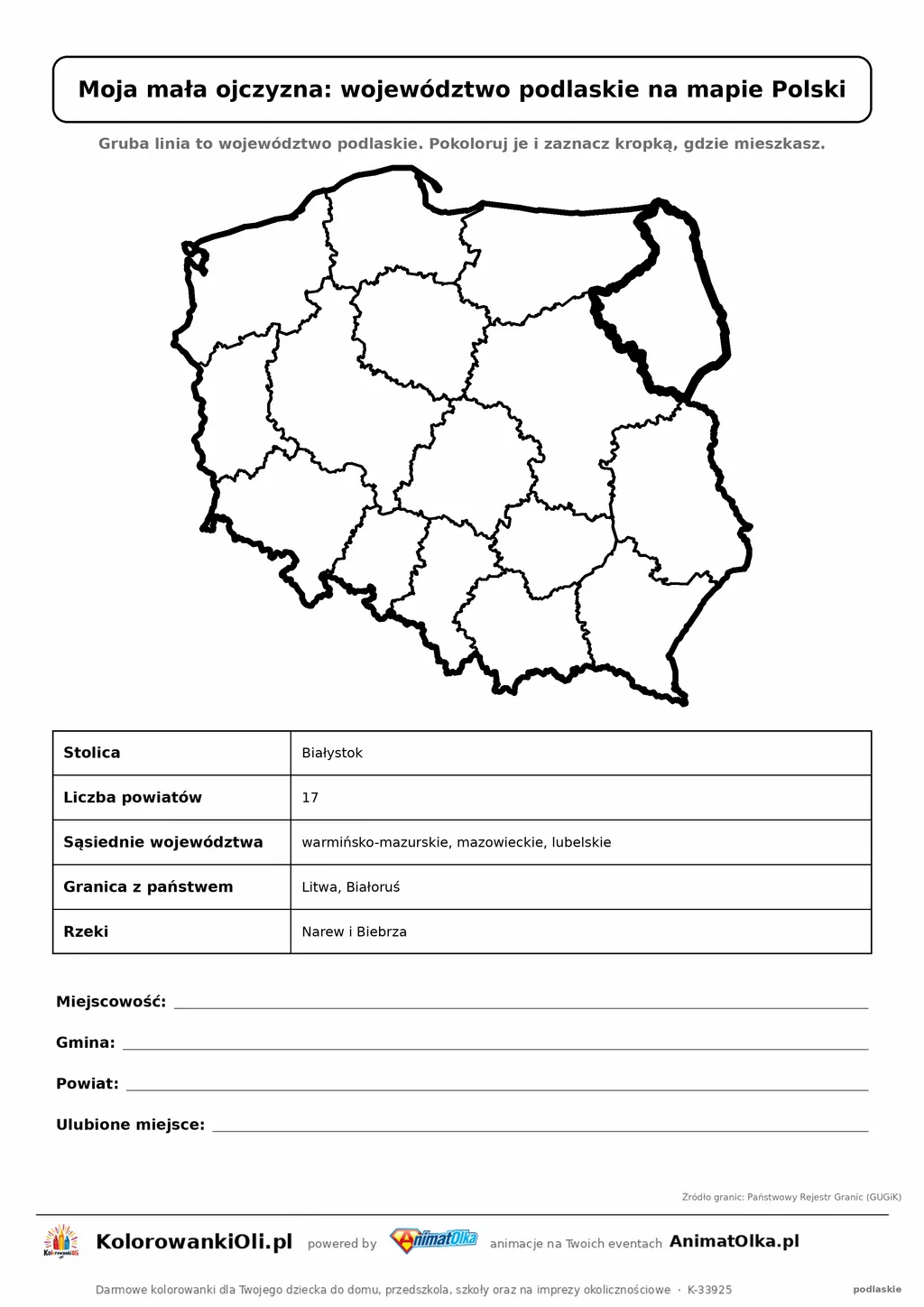 Województwo podlaskie wyróżnione na mapie Polski z kartą faktów — Moja mała ojczyzna, karta do druku