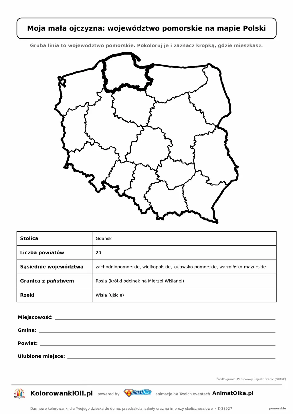 Województwo pomorskie wyróżnione na mapie Polski z kartą faktów — Moja mała ojczyzna, karta do druku