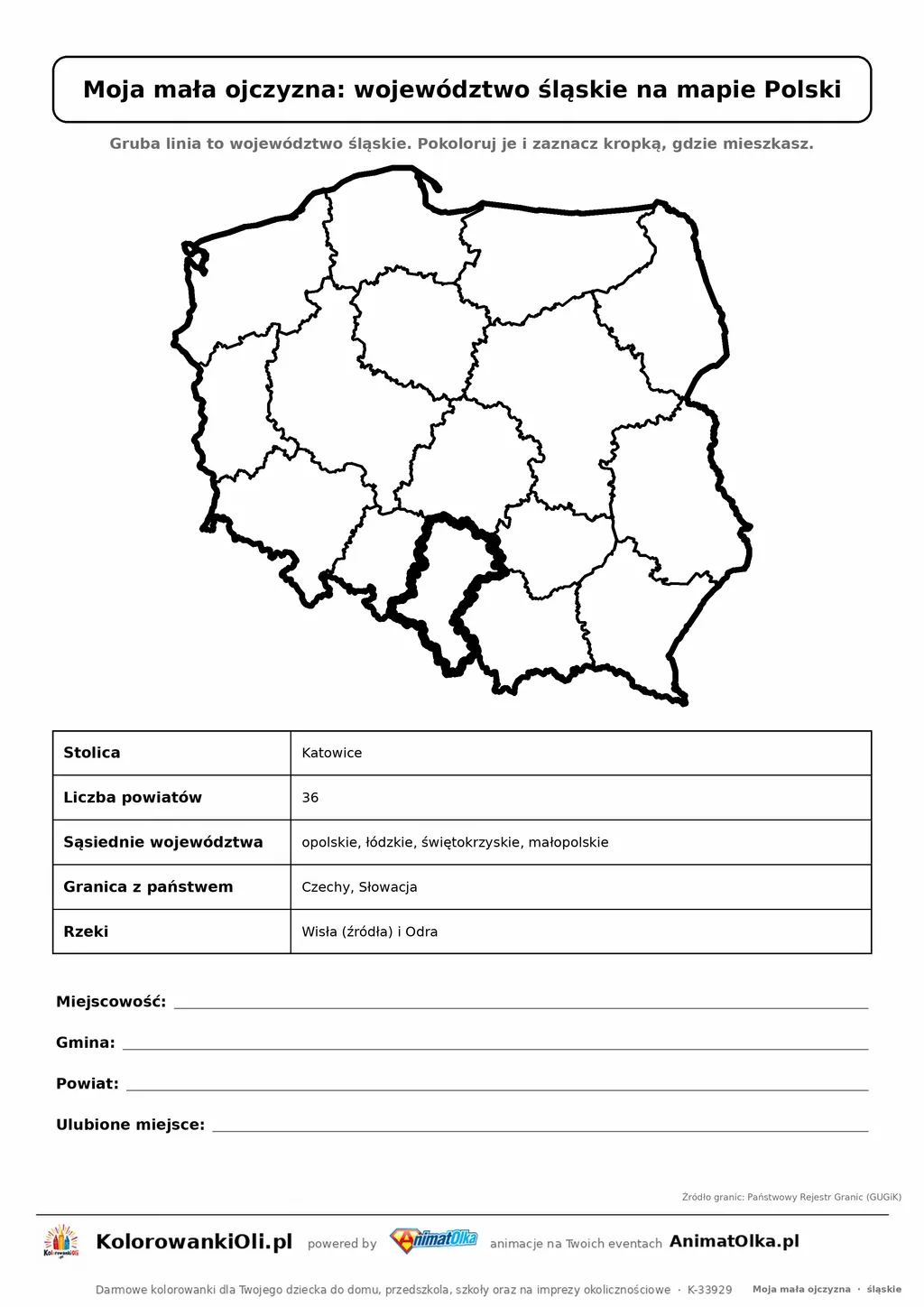 Województwo śląskie wyróżnione na mapie Polski z kartą faktów — Moja mała ojczyzna, karta do druku