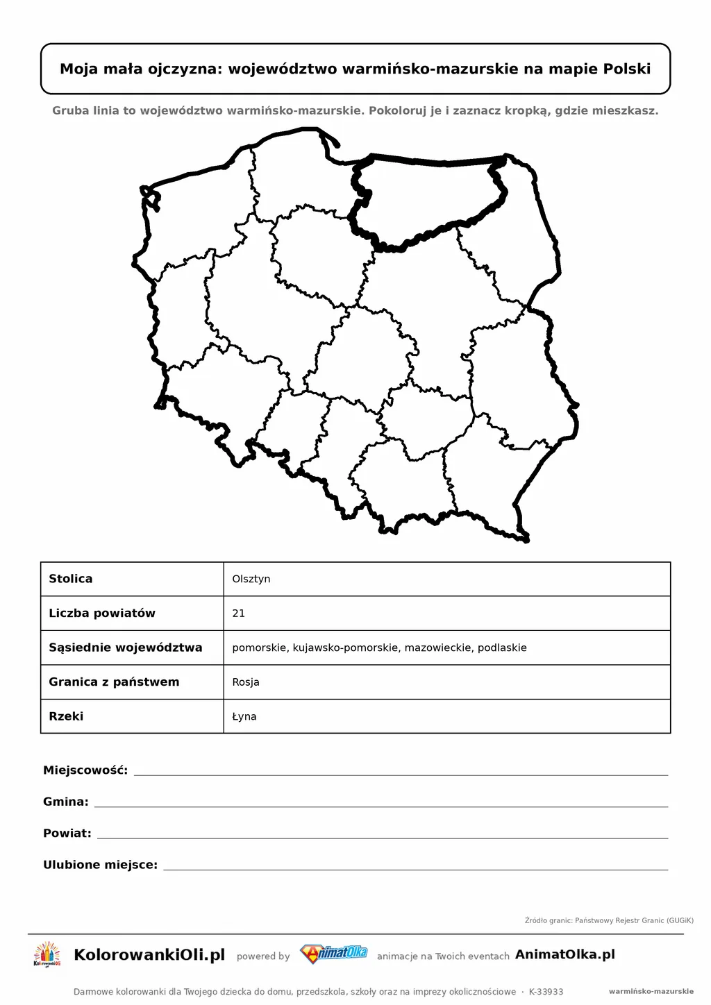 Województwo warmińsko-mazurskie wyróżnione na mapie Polski z kartą faktów — Moja mała ojczyzna, karta do druku
