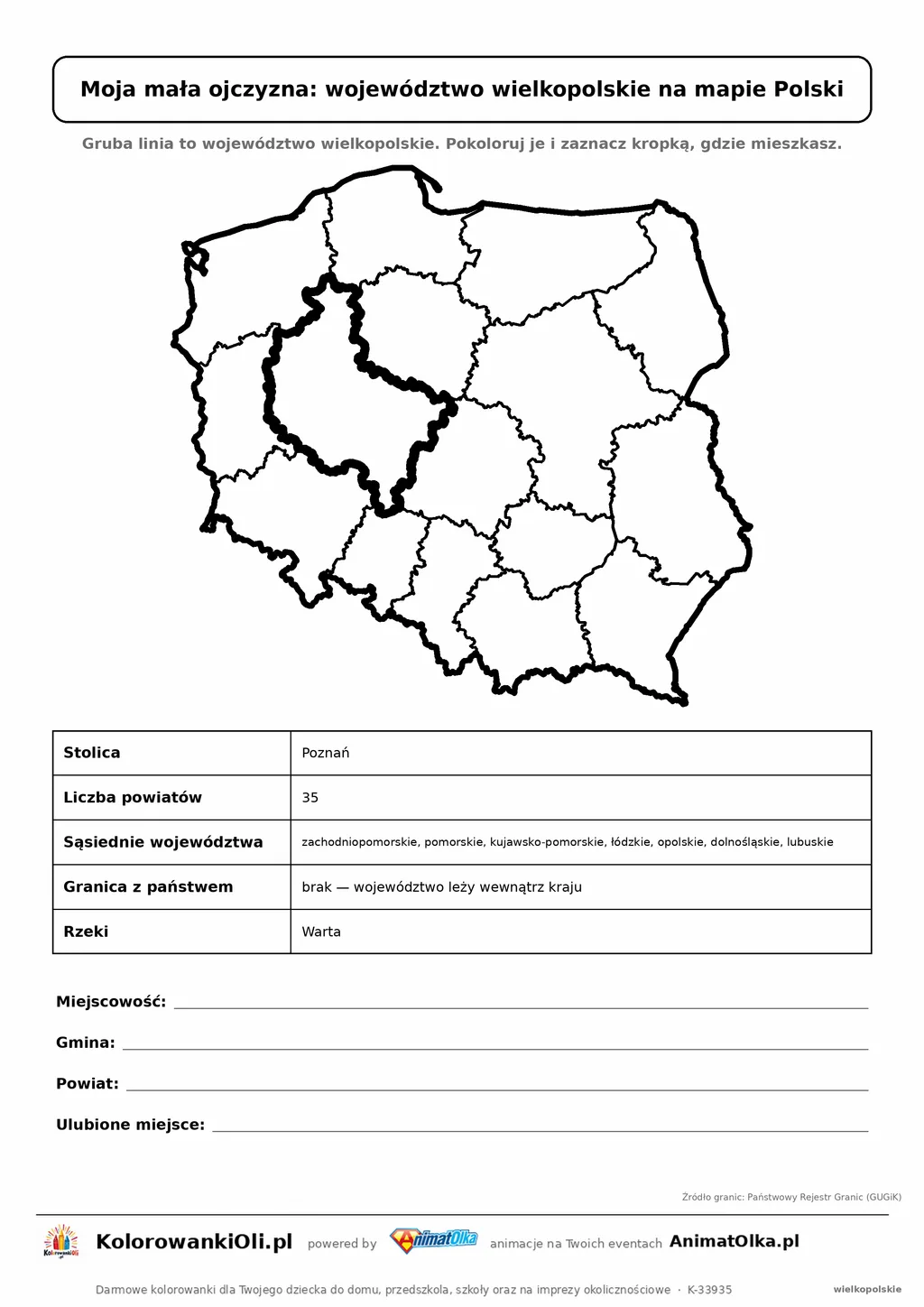 Województwo wielkopolskie wyróżnione na mapie Polski z kartą faktów — Moja mała ojczyzna, karta do druku
