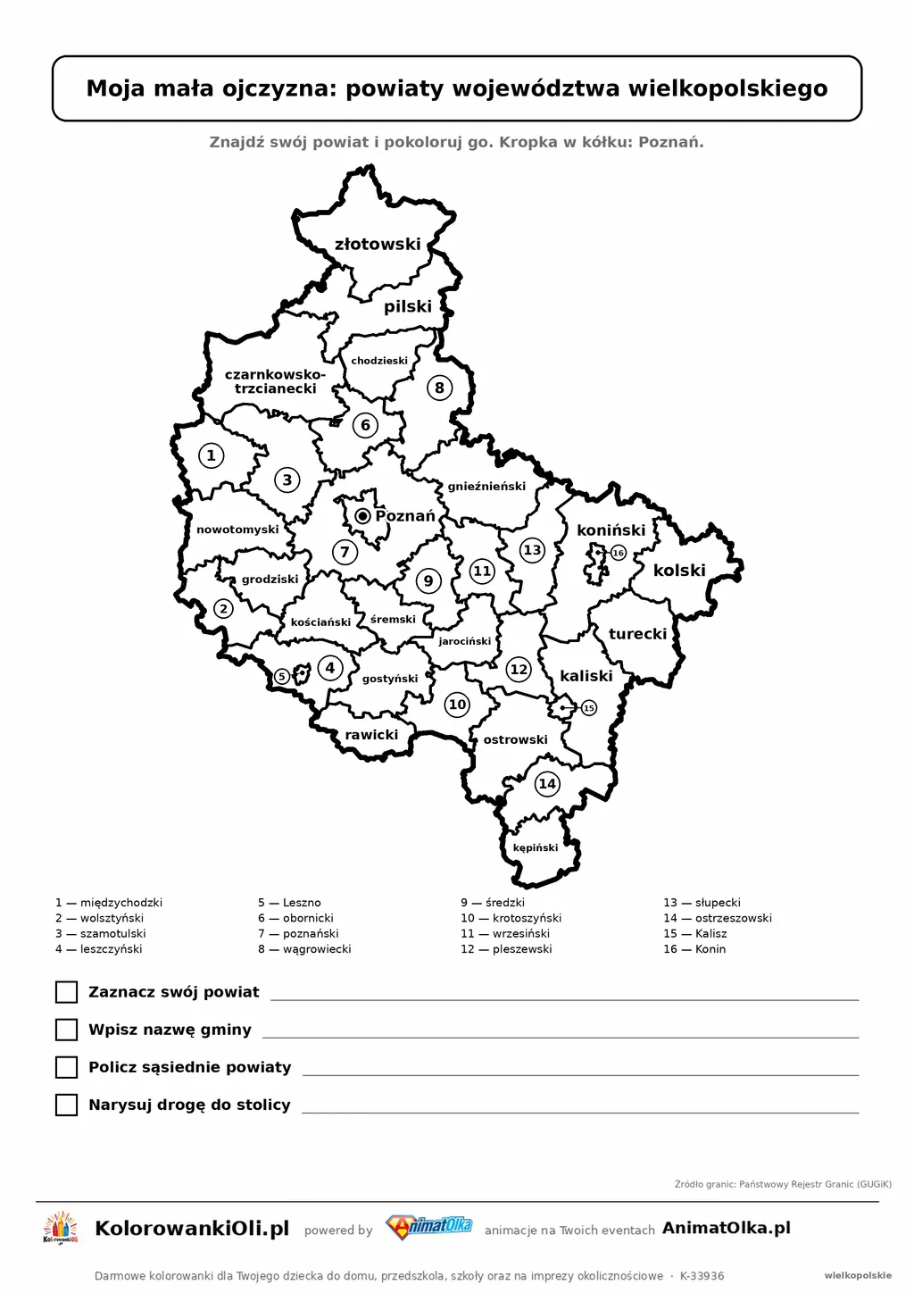 Powiaty województwa wielkopolskiego z zadaniami: znajdź swój powiat i gminę — karta do druku