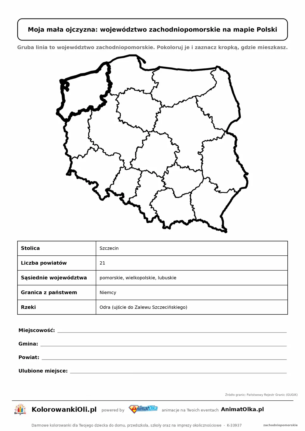 Województwo zachodniopomorskie wyróżnione na mapie Polski z kartą faktów — Moja mała ojczyzna, karta do druku
