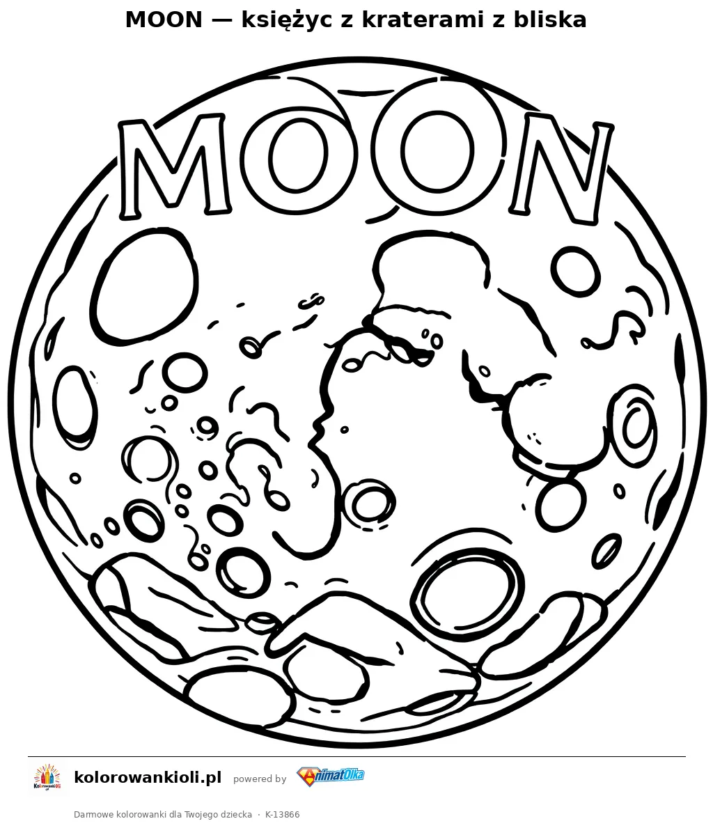 MOON — księżyc z kraterami z bliska — kolorowanka do wydruku dla dzieci