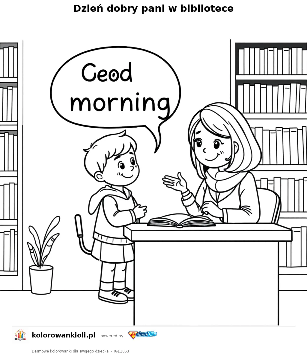 Dzień dobry pani w bibliotece — kolorowanka do wydruku dla dzieci