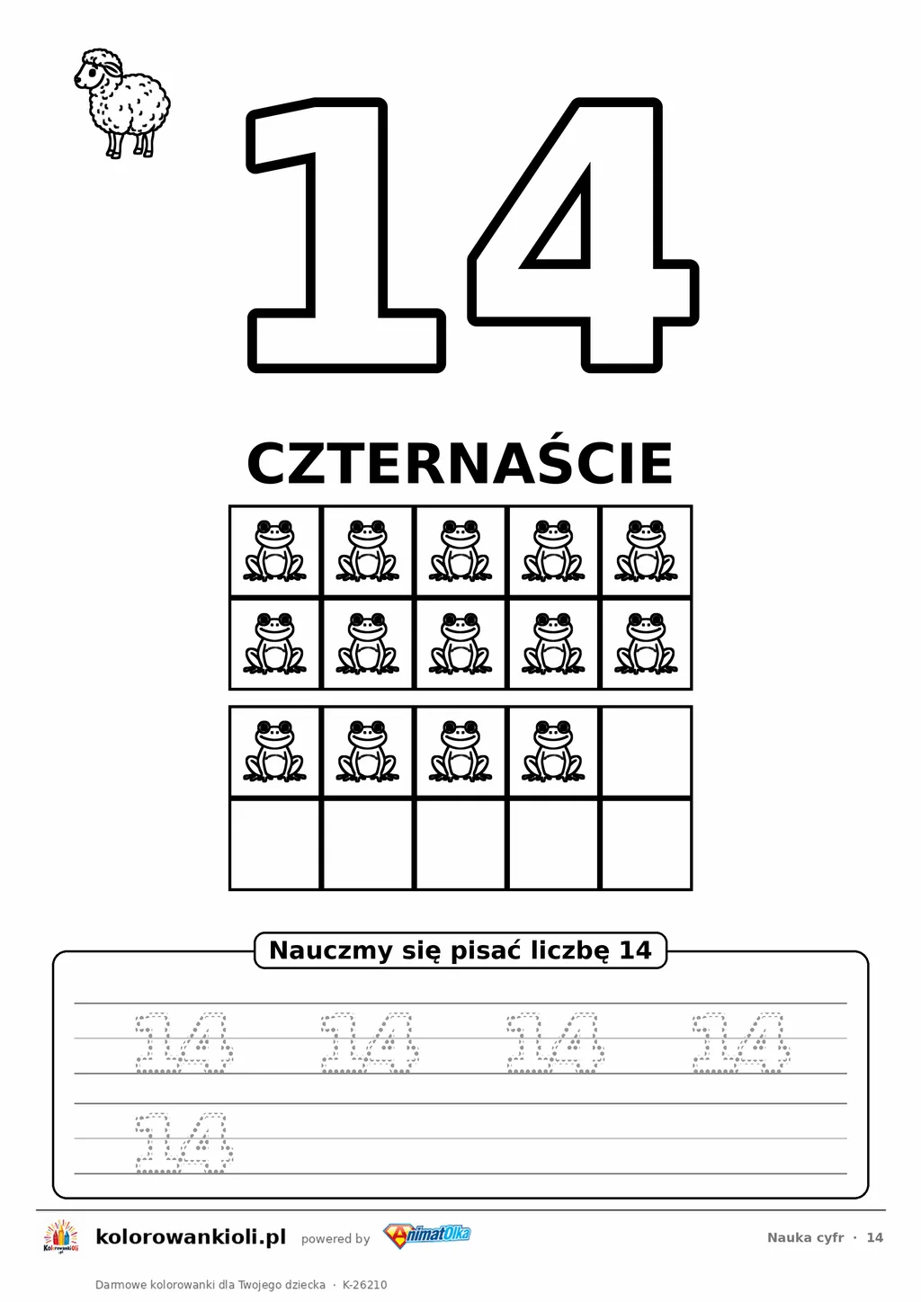 Nauka cyfr: liczba 14 (czternaście) do pokolorowania, ramka dziesiątkowa z obrazkami do policzenia i kropkowane cyfry do obrysowania — karta do druku