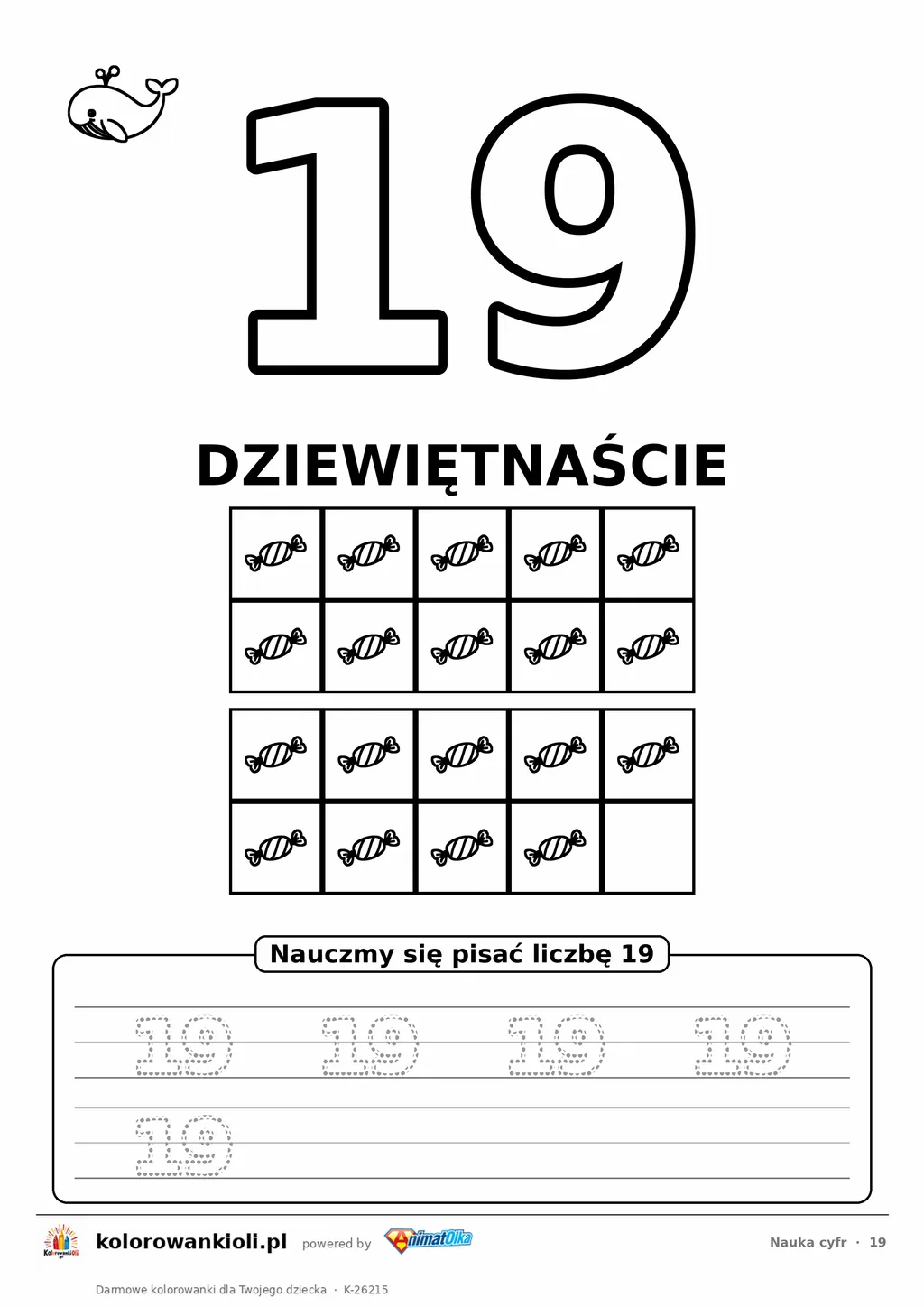 Nauka cyfr: liczba 19 (dziewiętnaście) do pokolorowania, ramka dziesiątkowa z obrazkami do policzenia i kropkowane cyfry do obrysowania — karta do druku