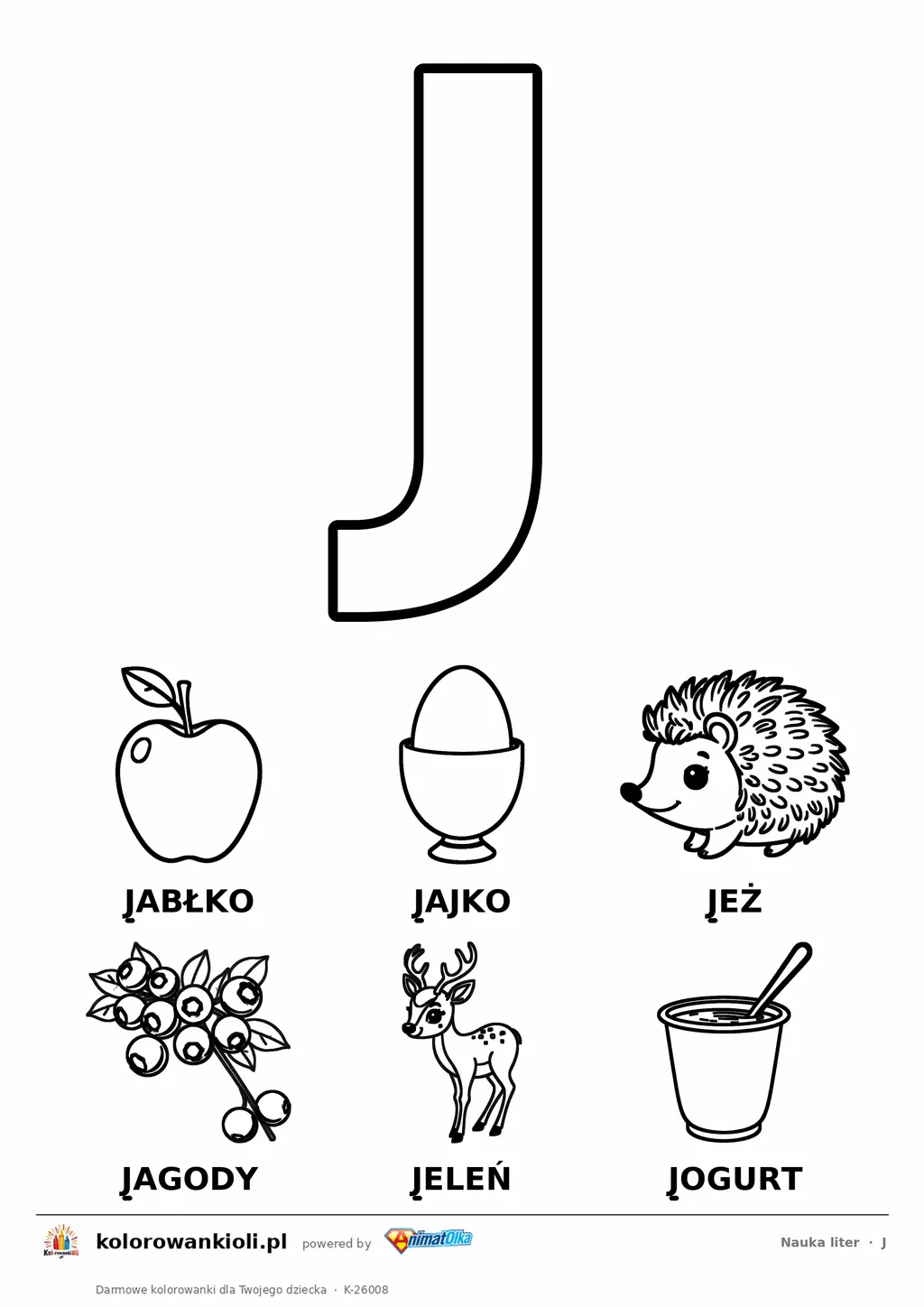 Litera J do kolorowania i sześć obrazków: jabłko, jajko, jeż, jagody, jeleń i jogurt — karta do nauki liter do druku