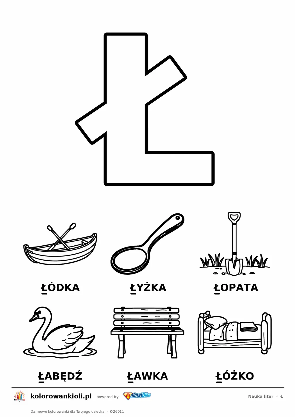 Litera Ł do kolorowania i sześć obrazków: łódka, łyżka, łopata, łabędź, ławka i łóżko — karta do nauki liter do druku