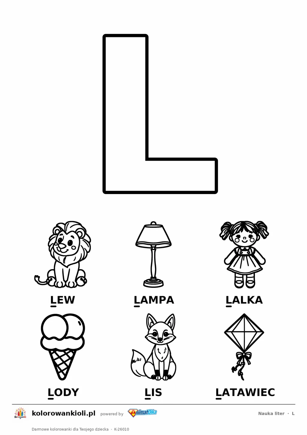 Litera L do kolorowania i sześć obrazków: lew, lampa, lalka, lody, lis i latawiec — karta do nauki liter do druku