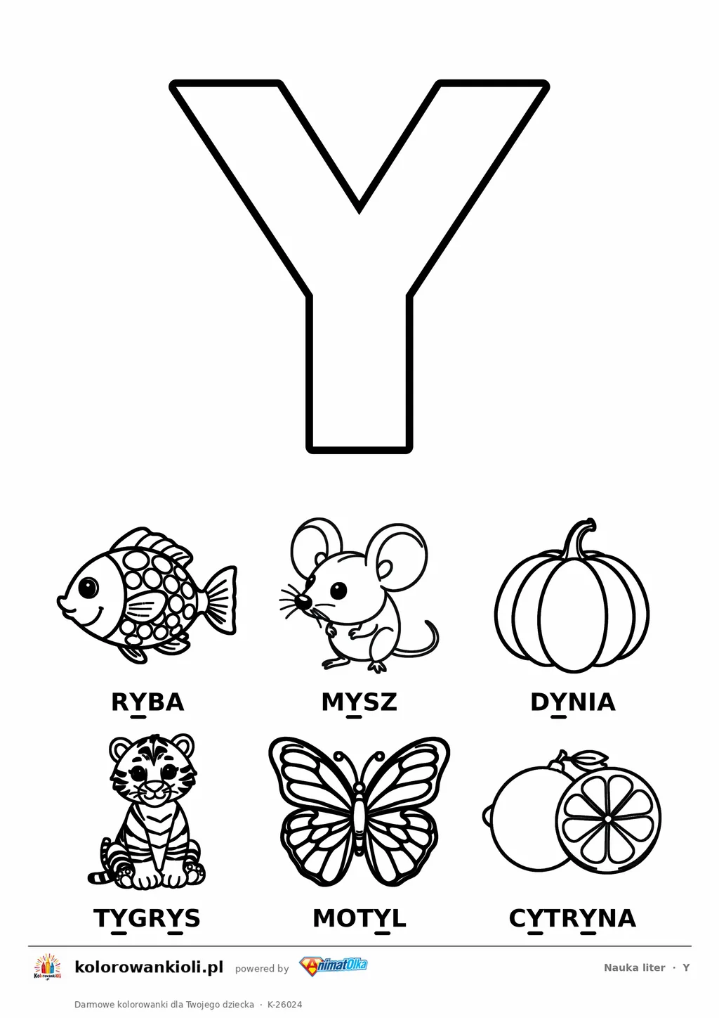 Litera Y do kolorowania i sześć obrazków: ryba, mysz, dynia, tygrys, motyl i cytryna — karta do nauki liter do druku
