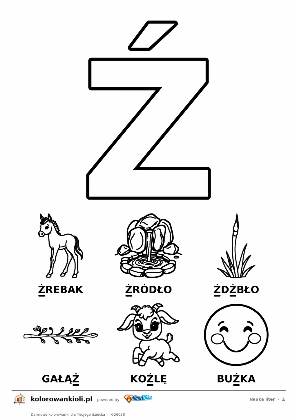 Litera Ź do kolorowania i sześć obrazków: źrebak, źródło, źdźbło, gałąź, koźlę i buźka — karta do nauki liter do druku