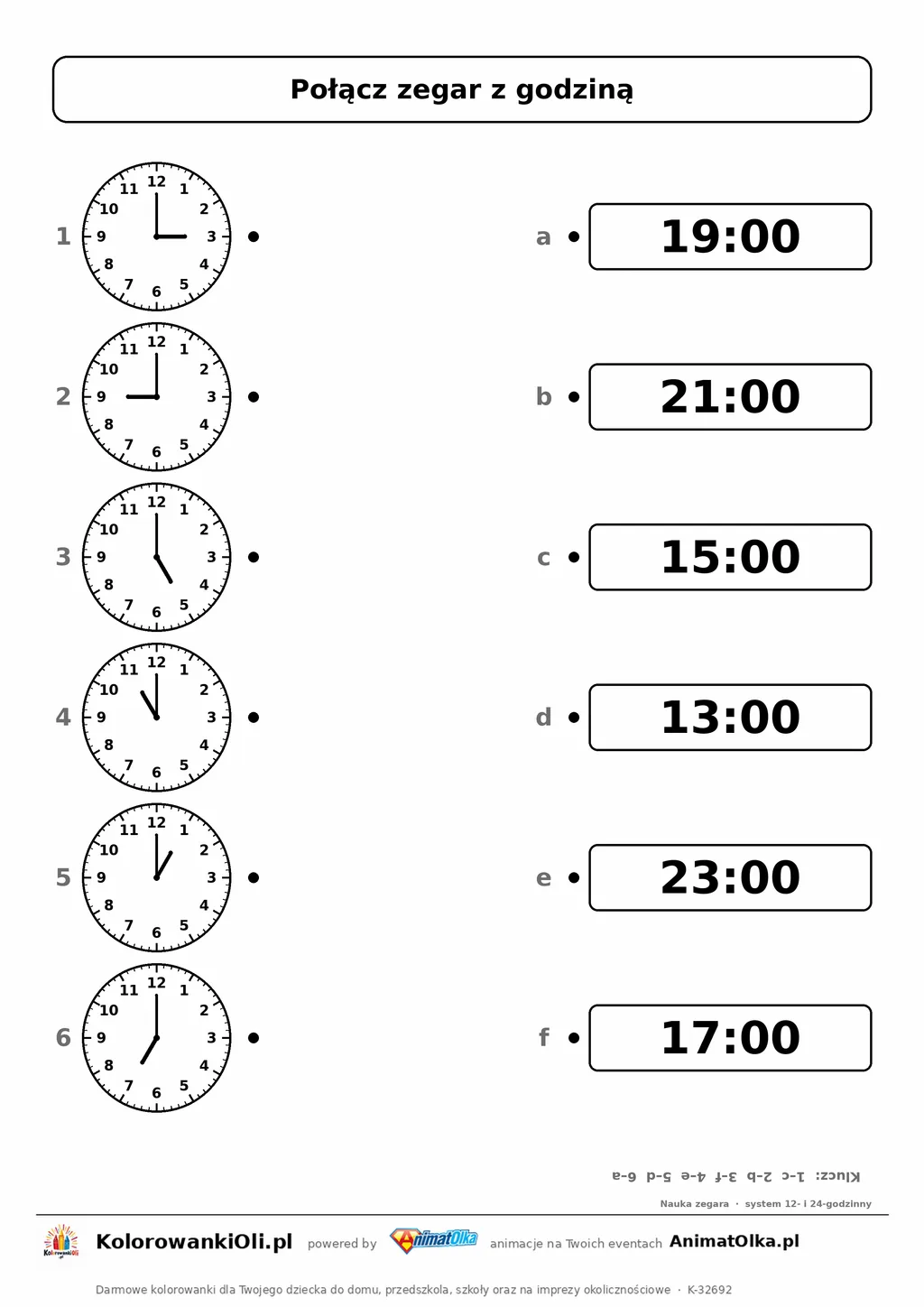 Połącz godzinę popołudniową z zapisem 24-godzinnym (3:00, 9:00, 5:00, 11:00, 1:00, 7:00 → 15:00…) — karta pracy klasa 3, z kl