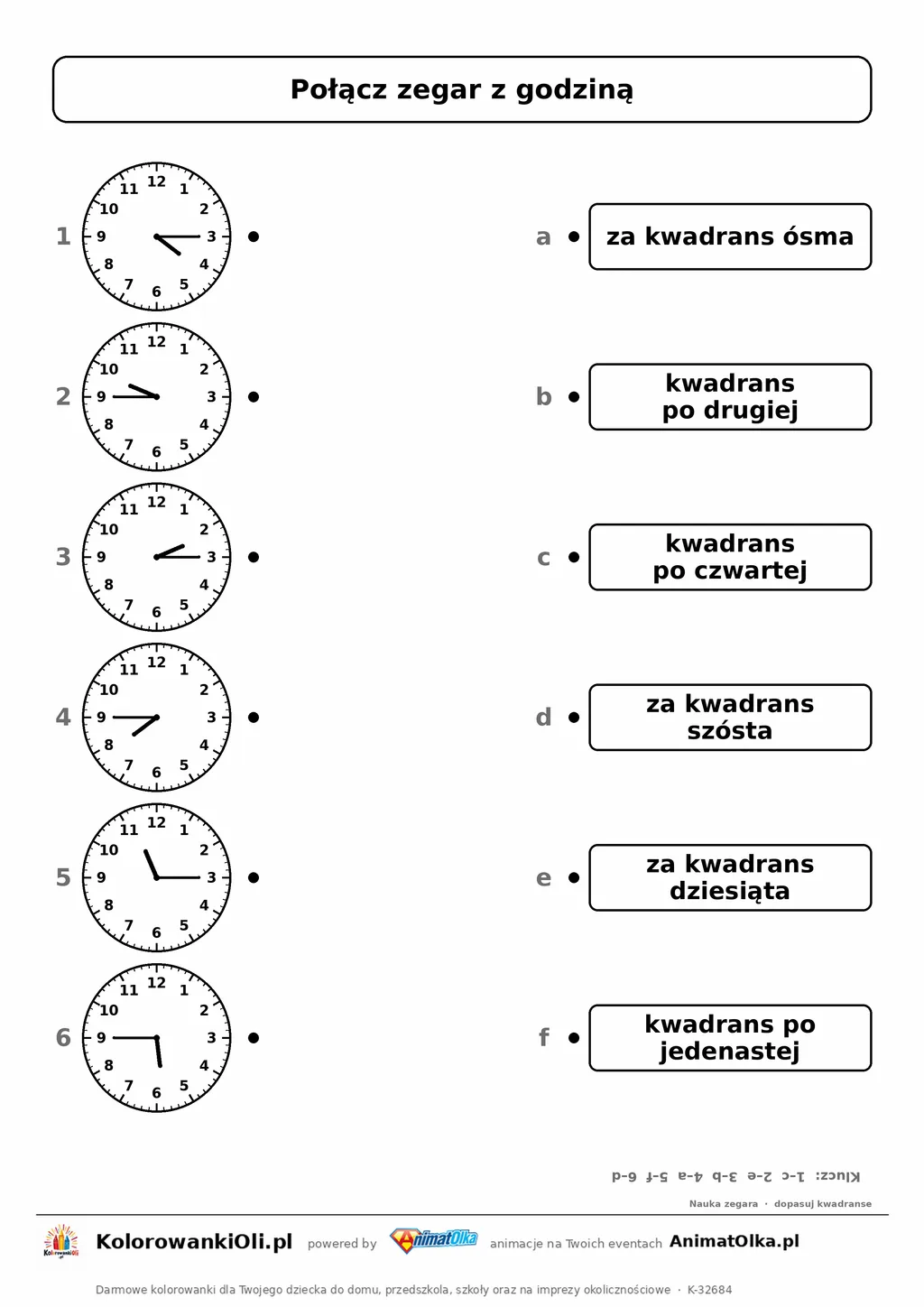 Połącz zegar z nazwą kwadransa — 4:15, 9:45, 2:15, 7:45, 11:15, 5:45; karta pracy nauka zegara klasa 2–3, z kluczem