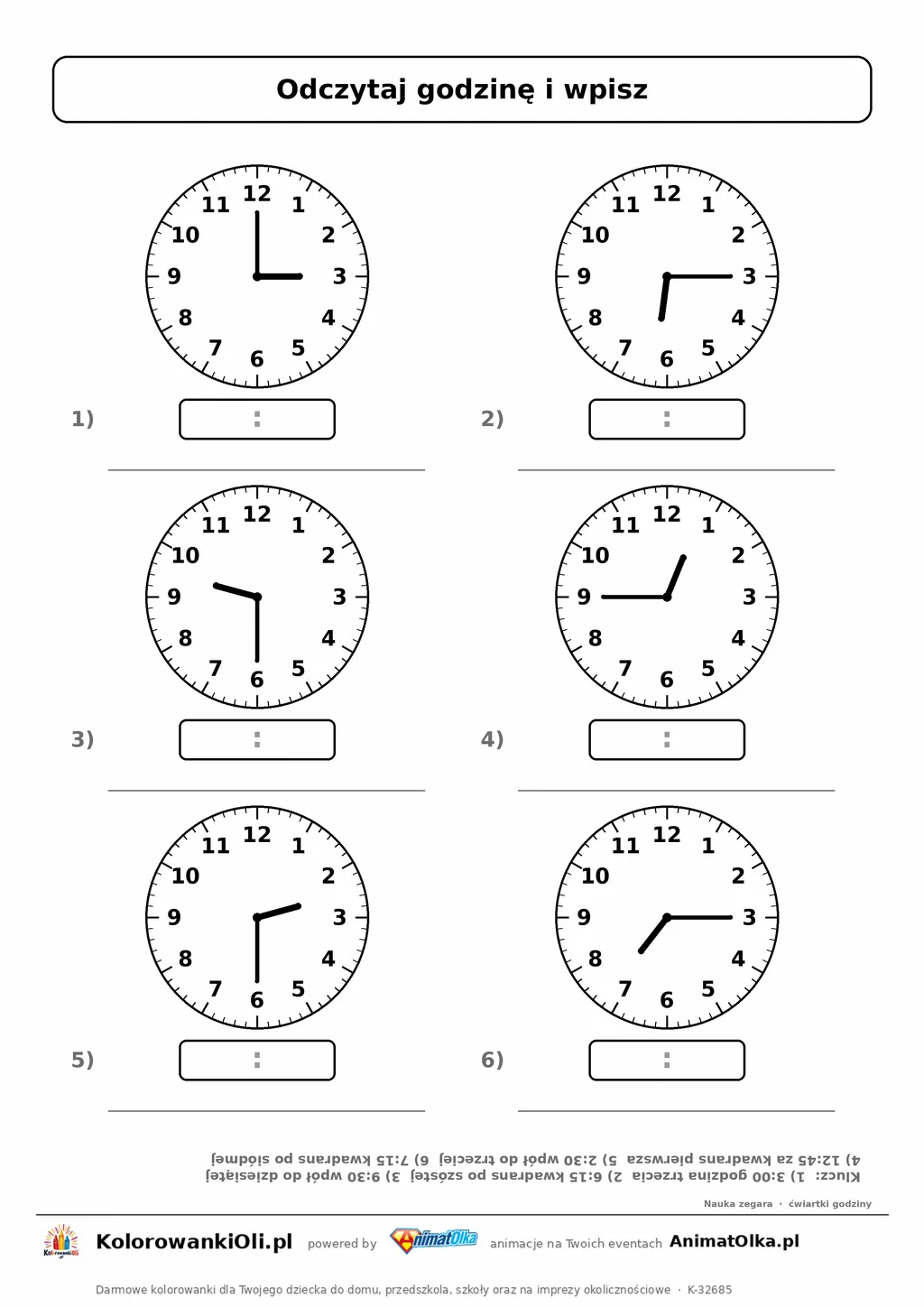 Pełne, wpół i kwadranse na zmianę (3:00, 6:15, 9:30, 12:45, 2:30, 7:15) — karta powtórkowa nauka zegara klasa 2–3, z kluczem