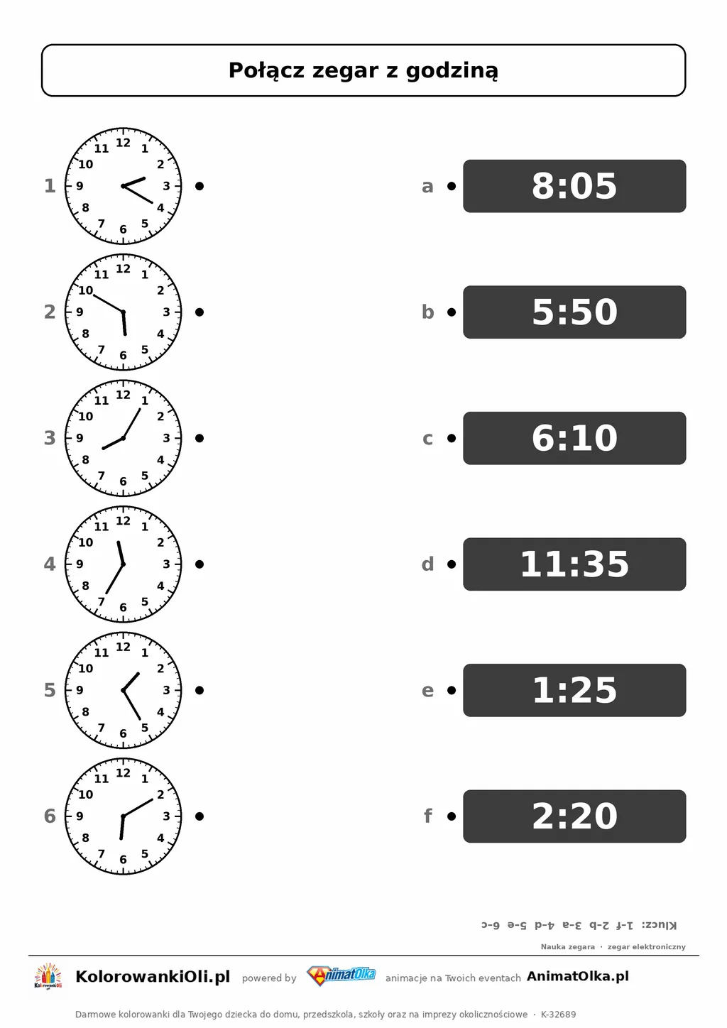 Połącz zegar wskazówkowy z elektronicznym — 2:20, 5:50, 8:05, 11:35, 1:25, 6:10; karta pracy nauka zegara klasa 3, z kluczem