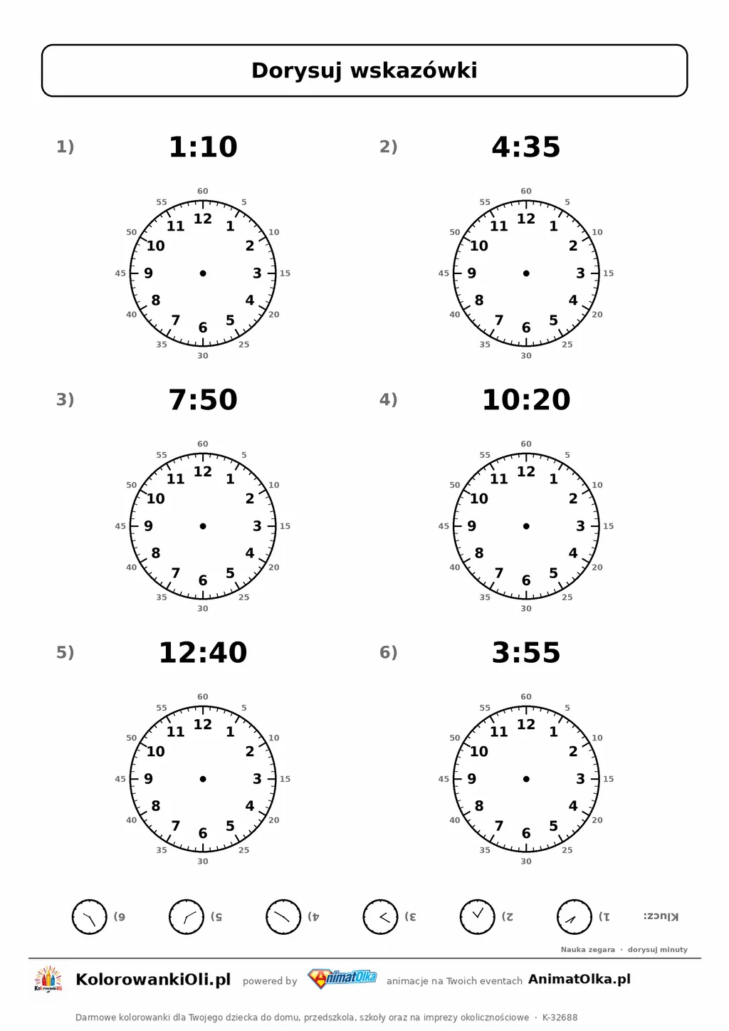 Dorysuj wskazówki: minuty co 5 (1:10, 4:35, 7:50, 10:20, 12:40, 3:55) — karta pracy nauka zegara klasa 3, z kluczem