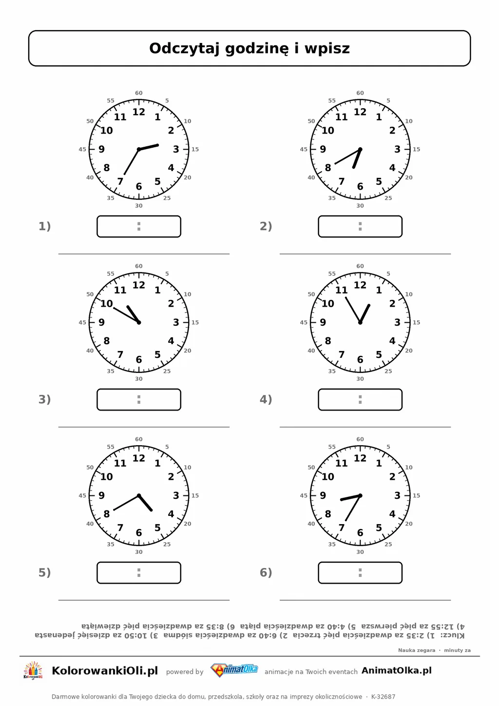 Minuty na zegarze — druga połowa godziny (2:35, 6:40, 10:50, 12:55, 4:40, 8:35), „za …”; karta pracy klasa 3 z kluczem, do dr