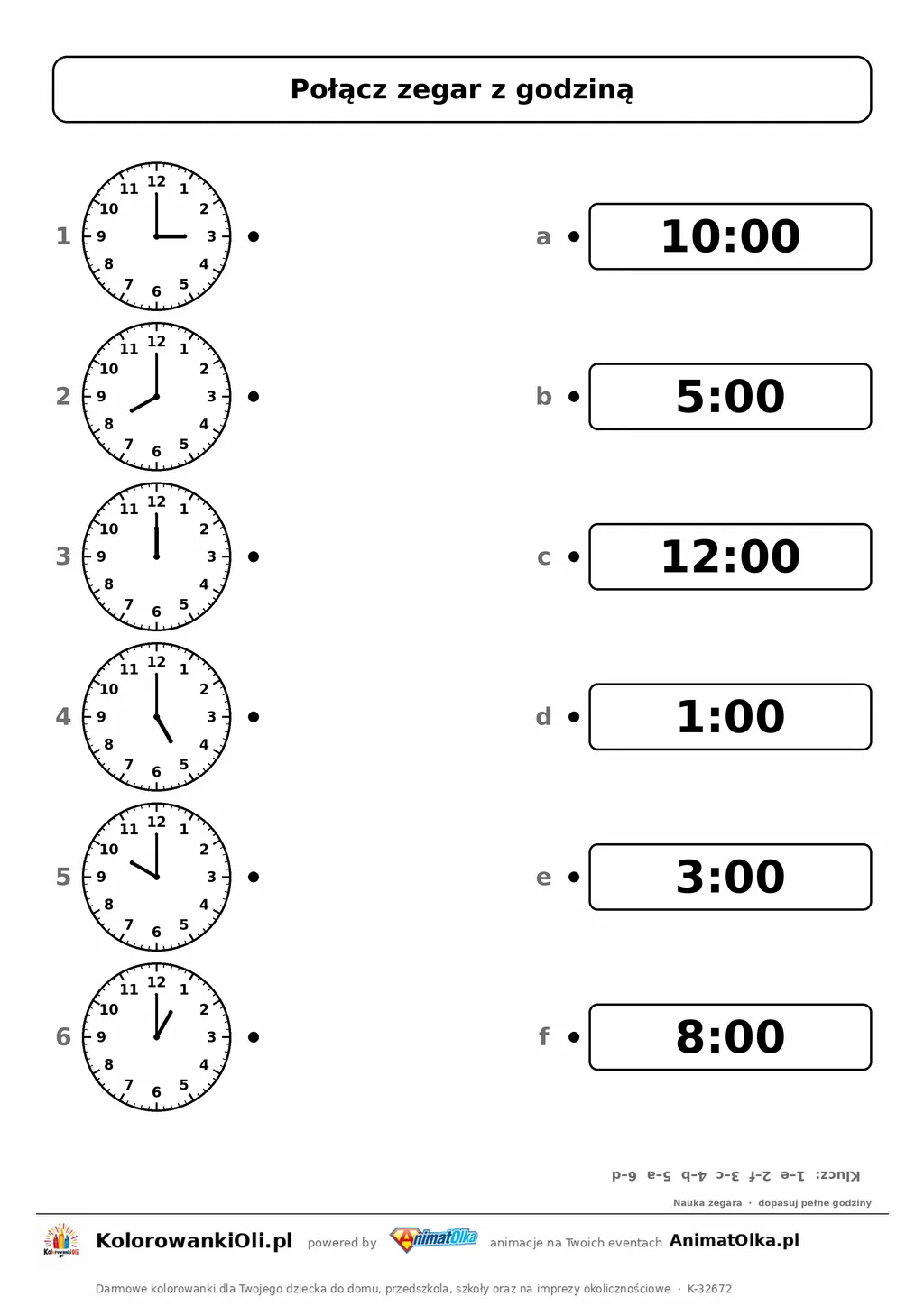 Połącz zegar z godziną cyfrową — pełne godziny 3:00, 8:00, 12:00, 5:00, 10:00, 1:00, karta pracy klasa 1, nauka zegara, z klu