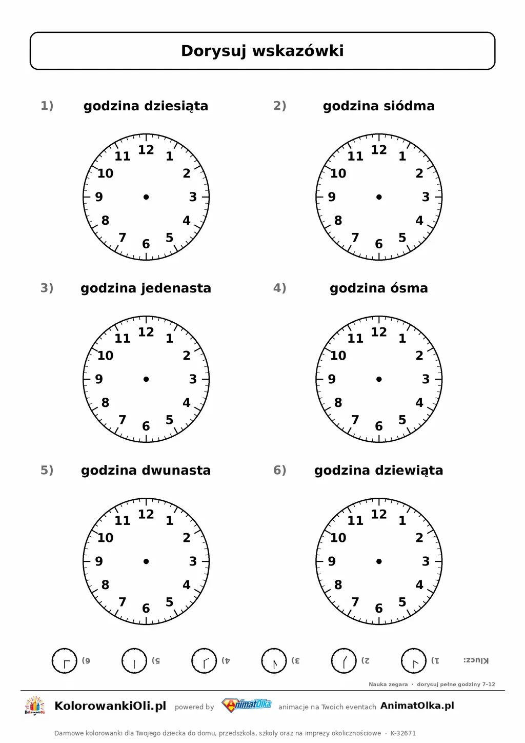 Dorysuj wskazówki według nazwy godziny: godzina dziesiąta, godzina siódma, godzina jedenasta… — karta pracy klasa 1, nauka ze