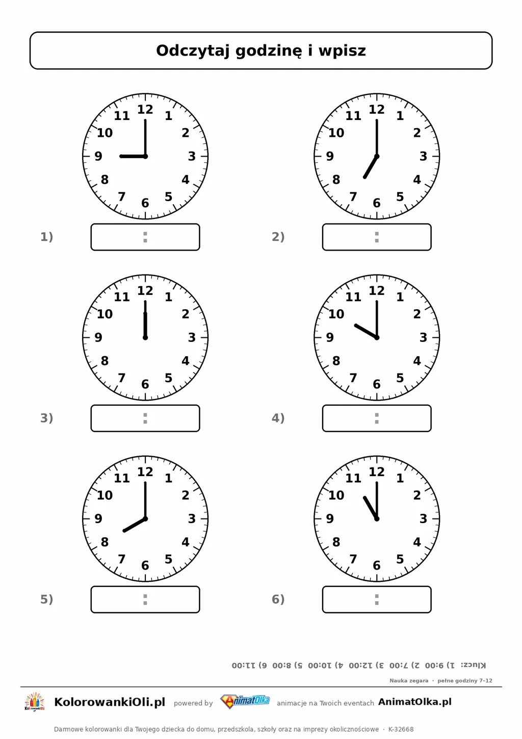 Pełne godziny 7–12 na zegarze — karta pracy klasa 1: tarcze 9:00, 7:00, 12:00, 10:00, 8:00, 11:00, wpisz godzinę cyframi, klu