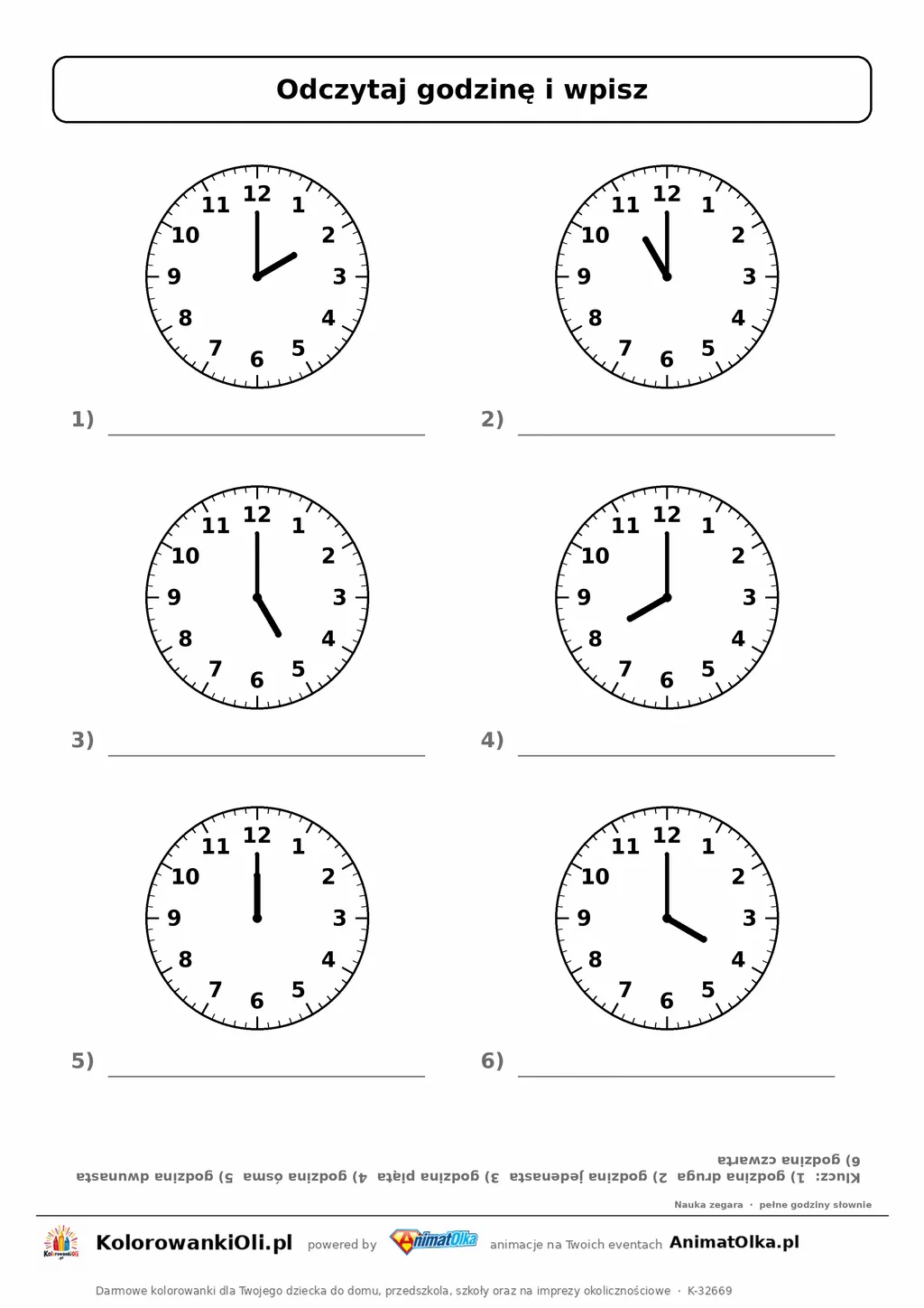 Pełne godziny na zegarze — zapisz słownie: 6 tarcz (2:00, 11:00, 5:00, 8:00, 12:00, 4:00), karta pracy klasa 1 z kluczem, do 