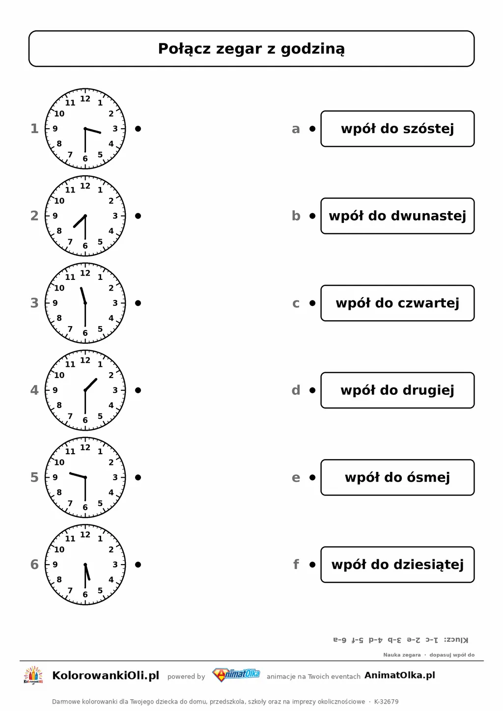 Połącz zegar z nazwą „wpół do” — 3:30, 7:30, 11:30, 1:30, 9:30, 5:30; karta pracy nauka zegara klasa 2, z kluczem