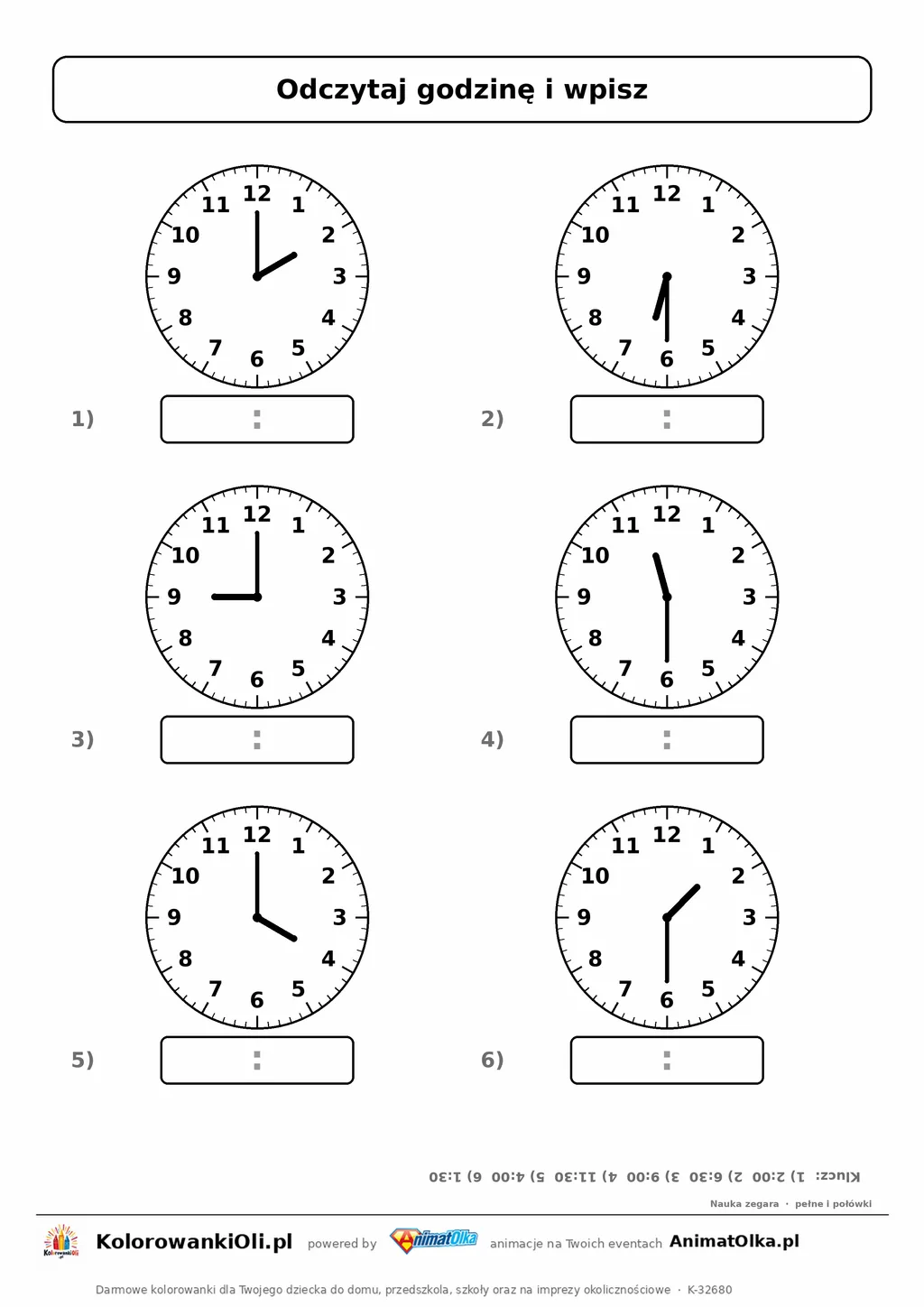 Pełne godziny i wpół do na zmianę (2:00, 6:30, 9:00, 11:30, 4:00, 1:30) — karta powtórkowa nauka zegara klasa 2, z kluczem