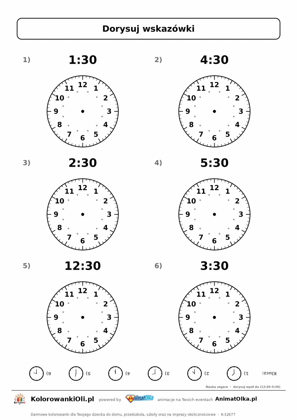 Dorysuj wskazówki: wpół do (1:30, 4:30, 2:30, 5:30, 12:30, 3:30) — karta pracy nauka zegara klasa 2 z kluczem, do druku