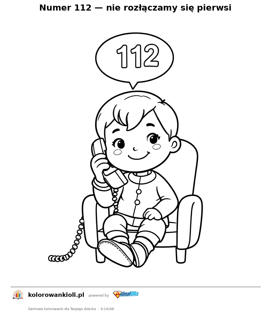 Numer 112 — nie rozłączamy się pierwsi — kolorowanka do wydruku dla dzieci