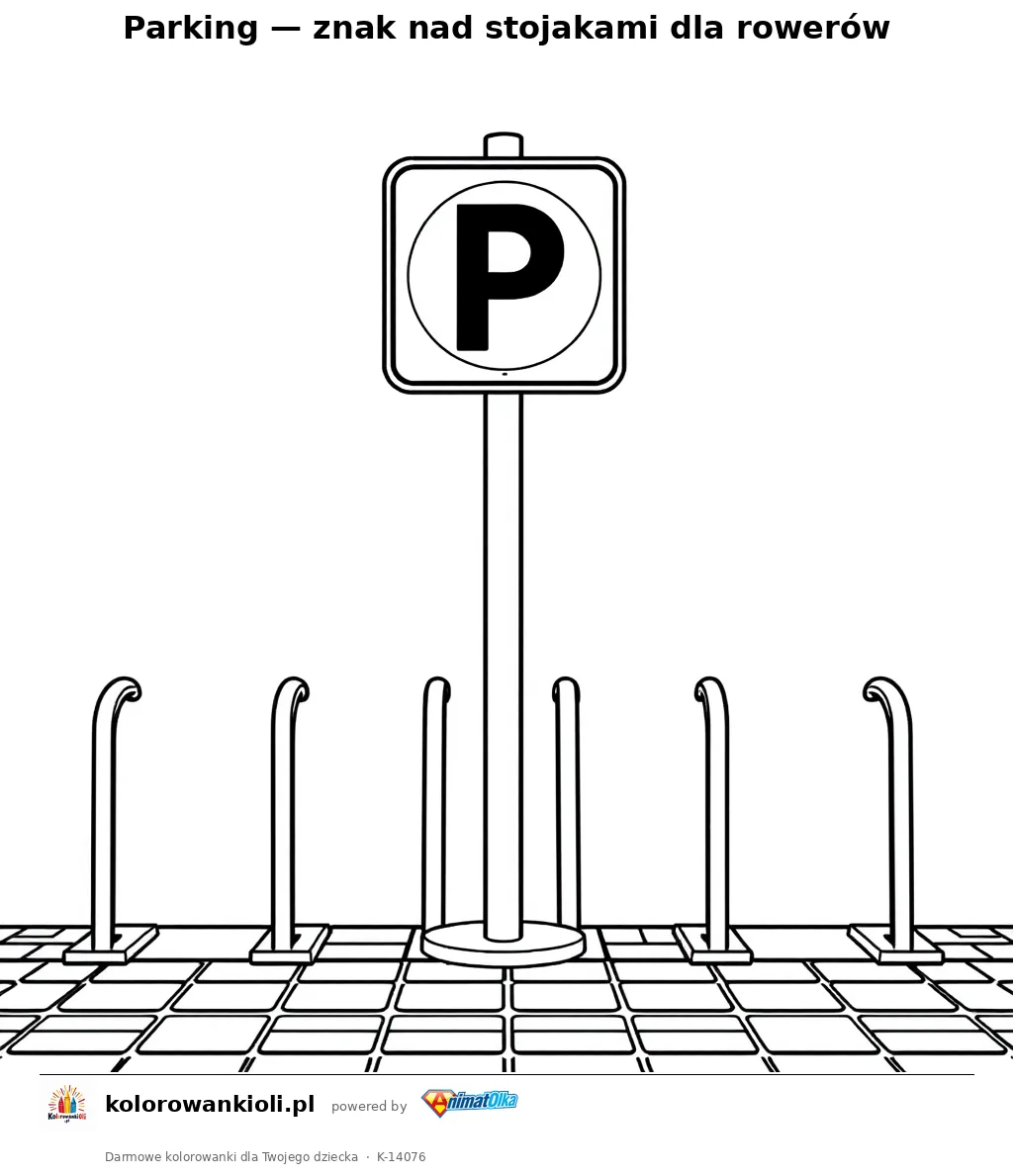Parking — znak nad stojakami dla rowerów — kolorowanka do wydruku dla dzieci