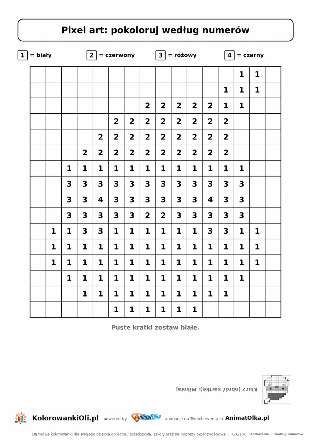 Pixel art według numerów Mikołaj — siatka 16×16 z cyframi 1–4 i legendą kolorów, kolorowanka pikselowa do druku