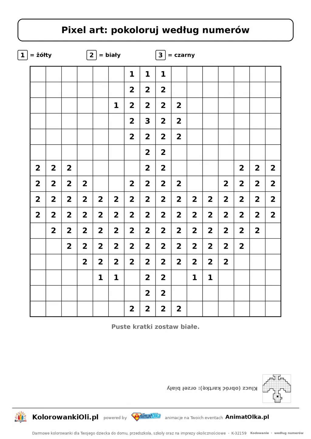 Pixel art według numerów orzeł biały — siatka 16×16 z cyframi 1–3 i legendą kolorów, kolorowanka pikselowa do druku