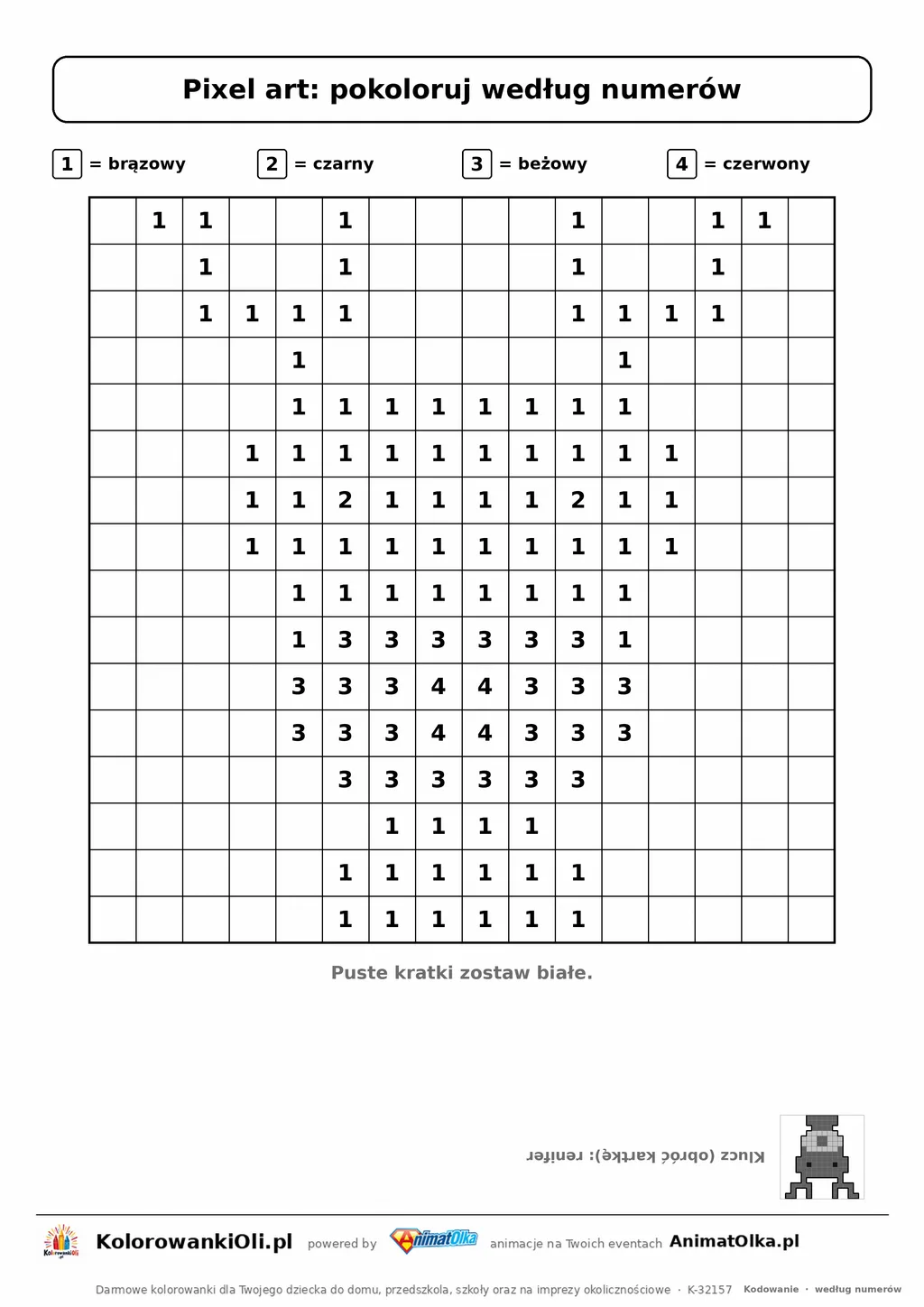 Pixel art według numerów renifer — siatka 16×16 z cyframi 1–4 i legendą kolorów, kolorowanka pikselowa do druku