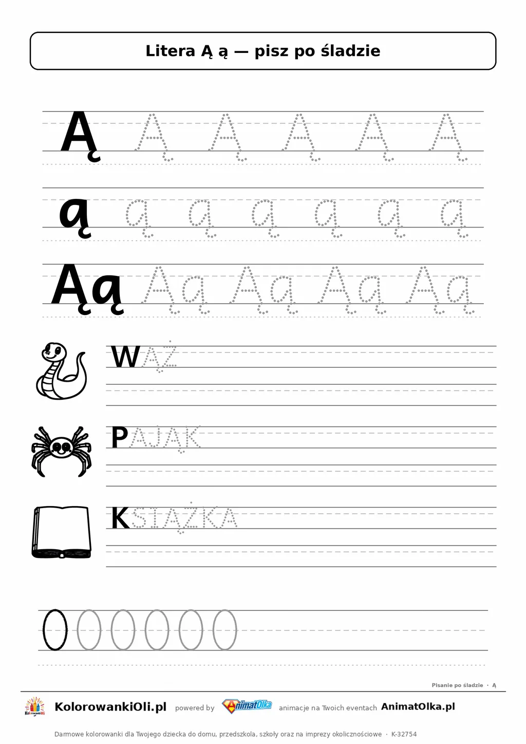 Litera Ą ą po śladzie — karta do druku: kropkowane litery w liniaturze, wyrazy WĄŻ, PAJĄK, KSIĄŻKA z obrazkami