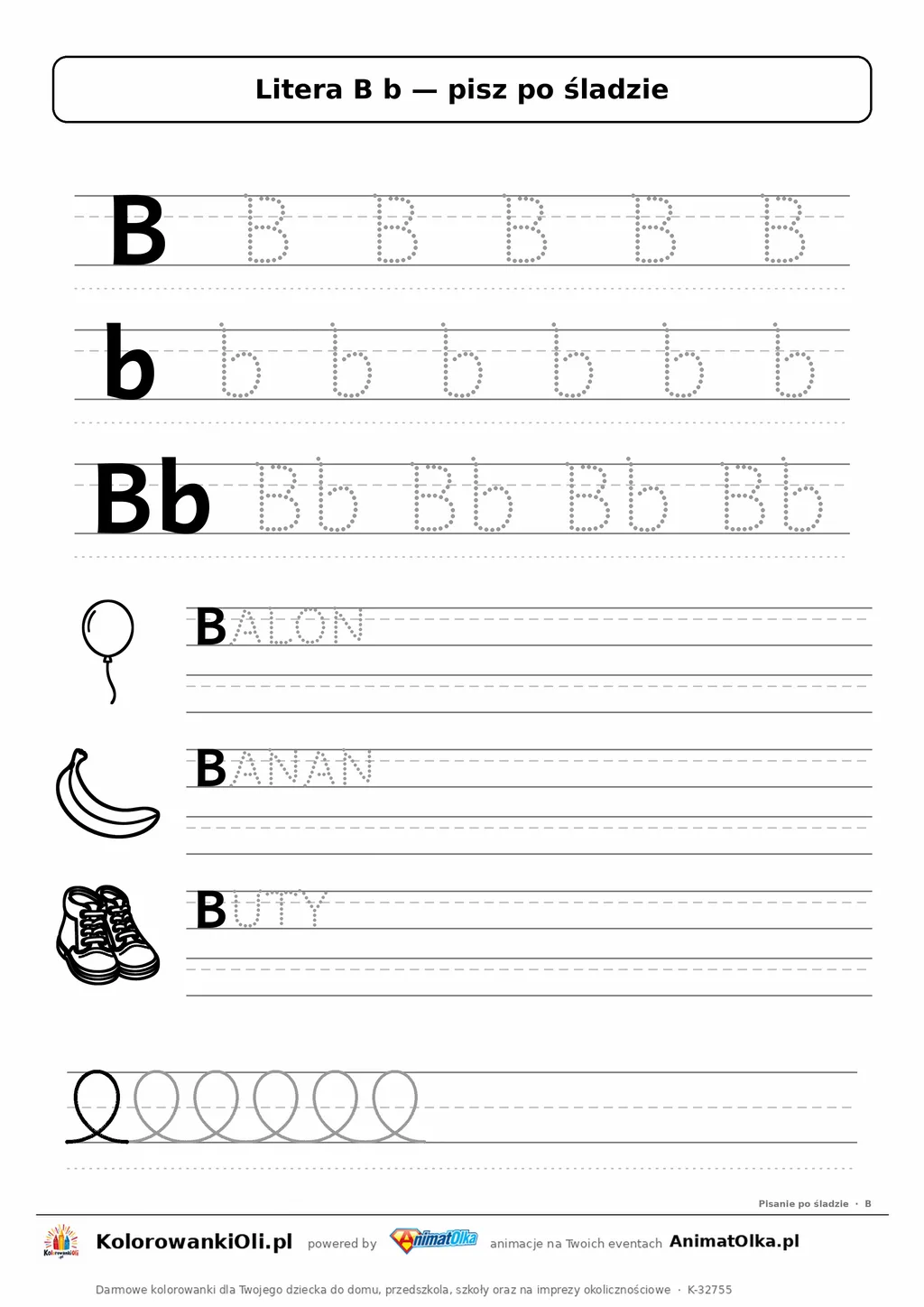 Litera B b po śladzie — karta do druku: kropkowane litery w liniaturze, wyrazy BALON, BANAN, BUTY z obrazkami