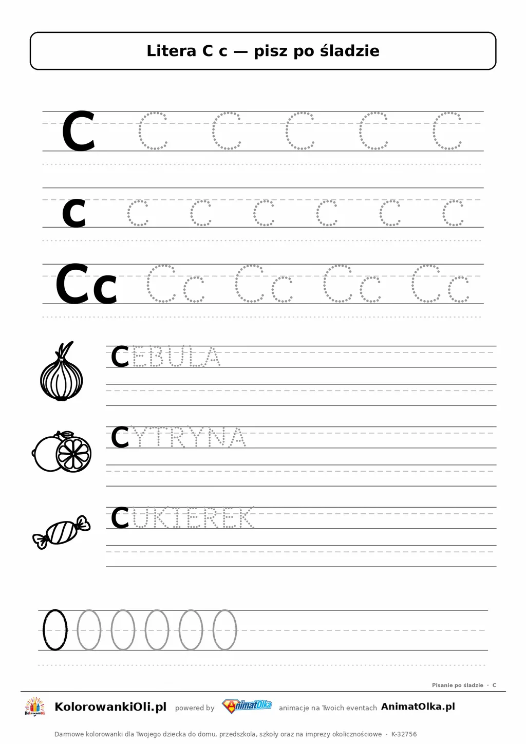 Litera C c po śladzie — karta do druku: kropkowane litery w liniaturze, wyrazy CEBULA, CYTRYNA, CUKIEREK z obrazkami